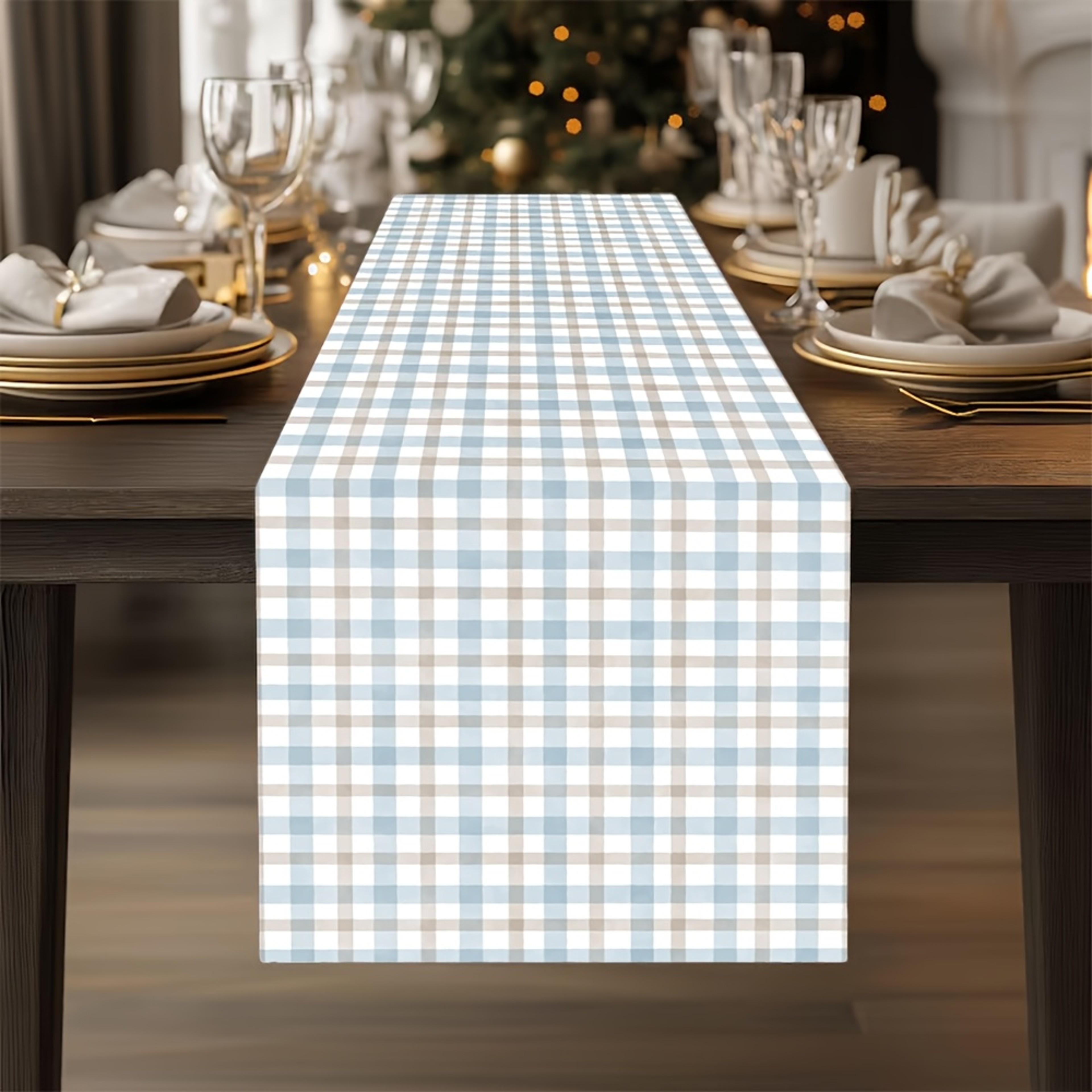 Elegant Blue White Plaid Linen Table Runner Classic Holiday  Dining Room Decor 0