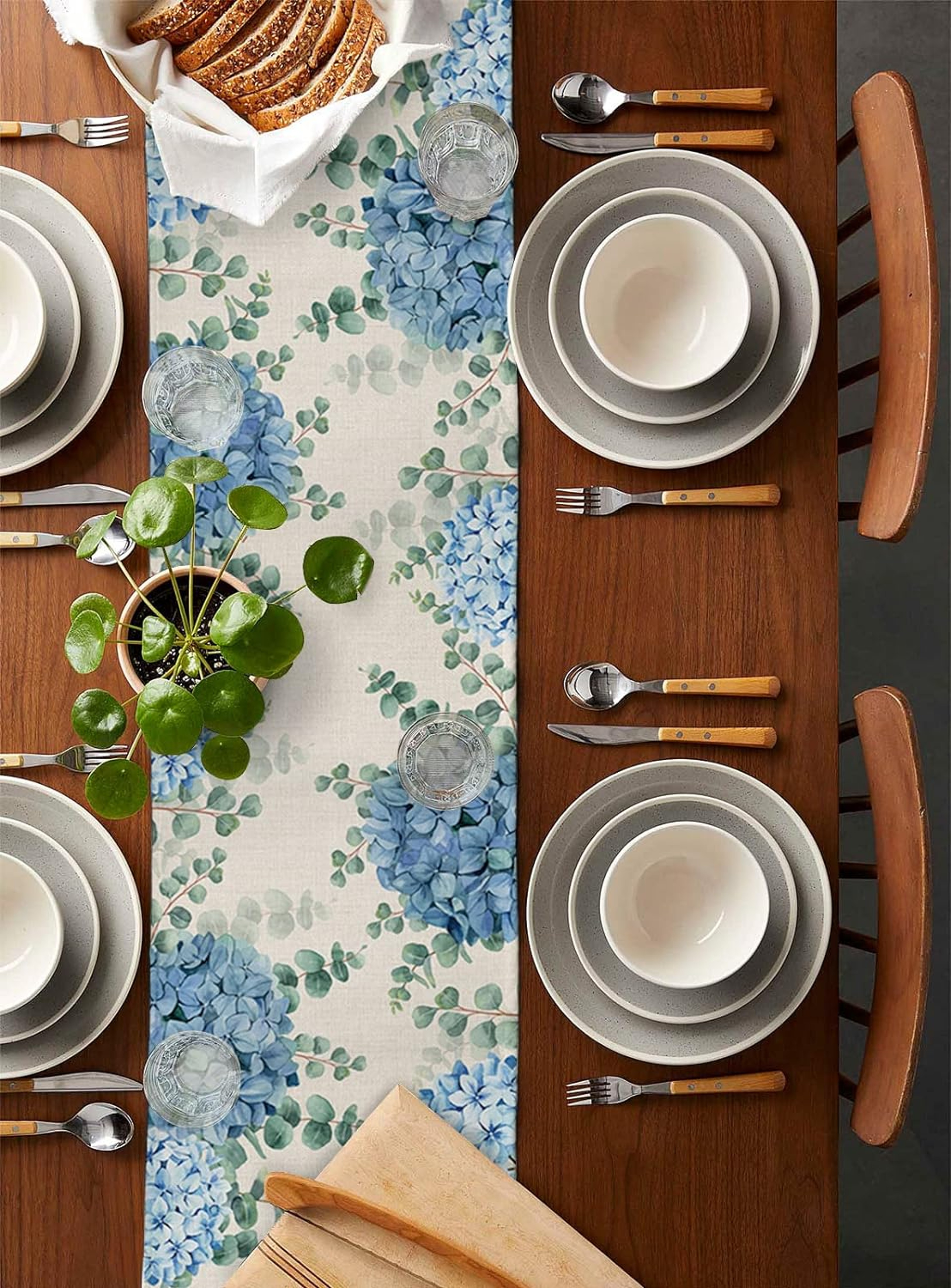 Serene Blue Hydrangea  Eucalyptus Floral Linen Table Runner Farmhouse Wedding  Dining Table Decor 3