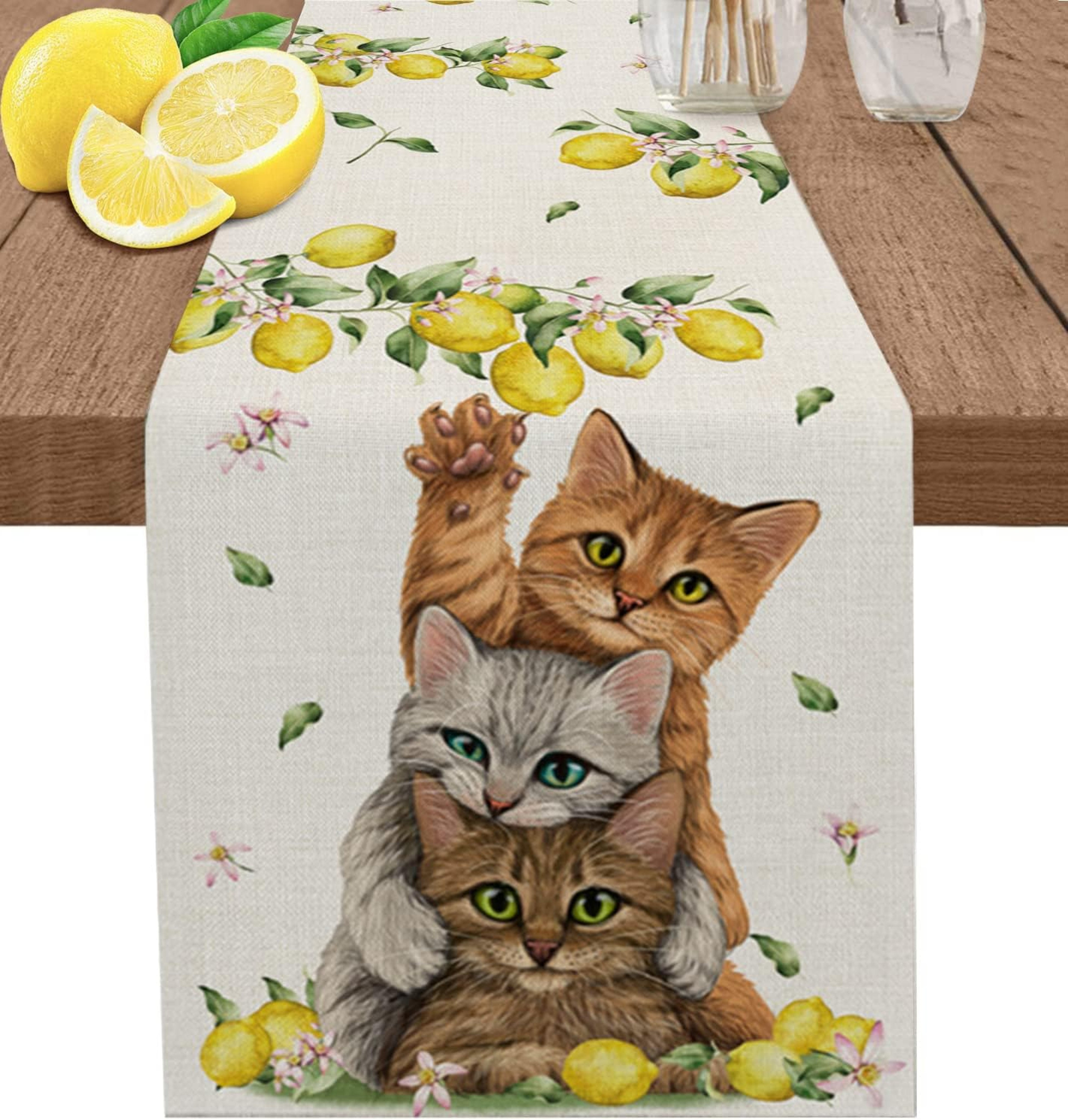 Premium Lemon Linen Table Runner For Kitchen  Dining Farmhouse Spring Floral Table Decor 0