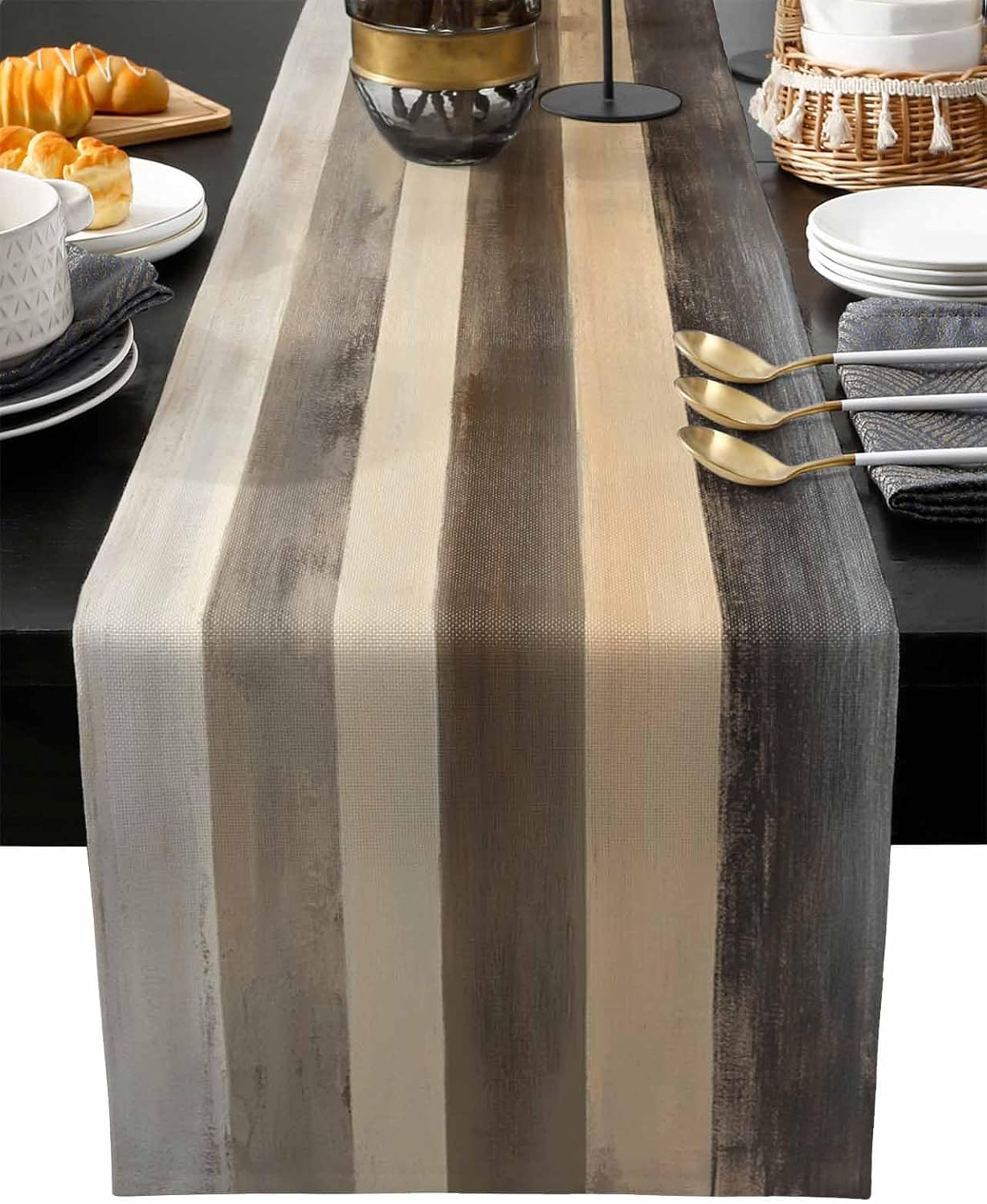 Premium Brown Stripe Linen Wood Grain Table Runner For Dining  Holiday Decor 0