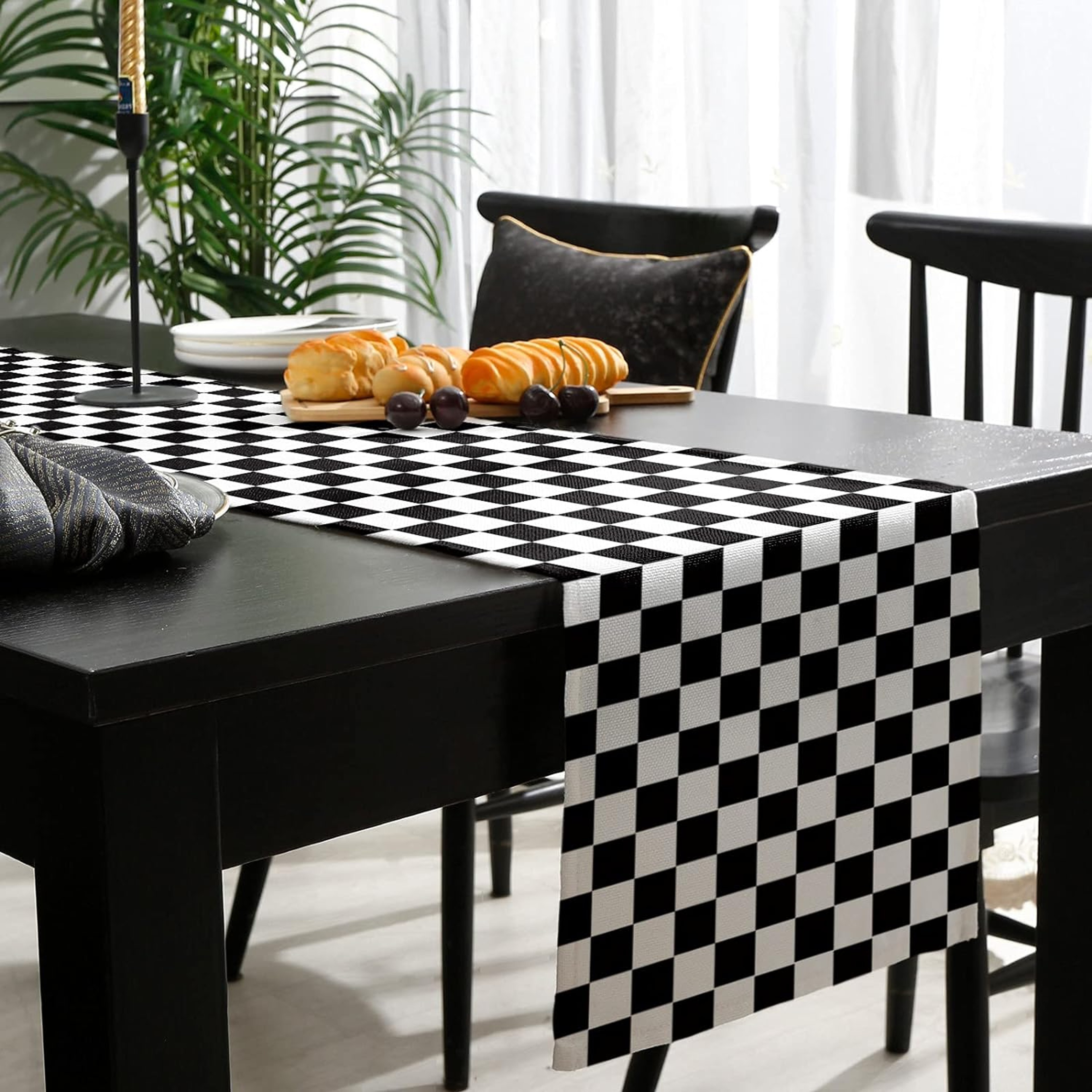 Black White Checkered Linen Table Runner Farmhouse Dining  Holiday Decor 2