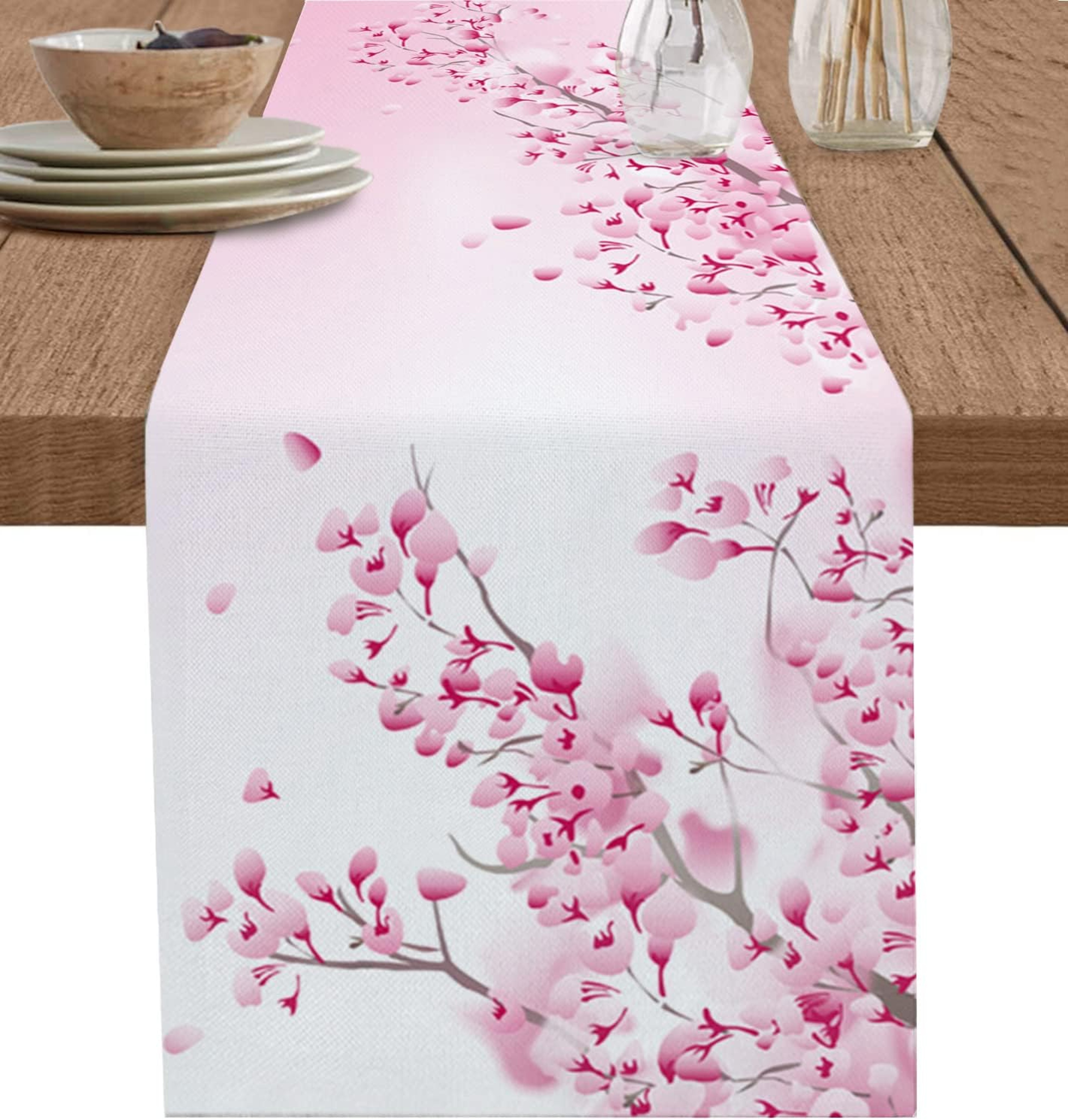 Elegant Cherry Blossom Table Runner Linen Table Runner Farmhouse Decor for Spring Summer Table Decor – view 1
