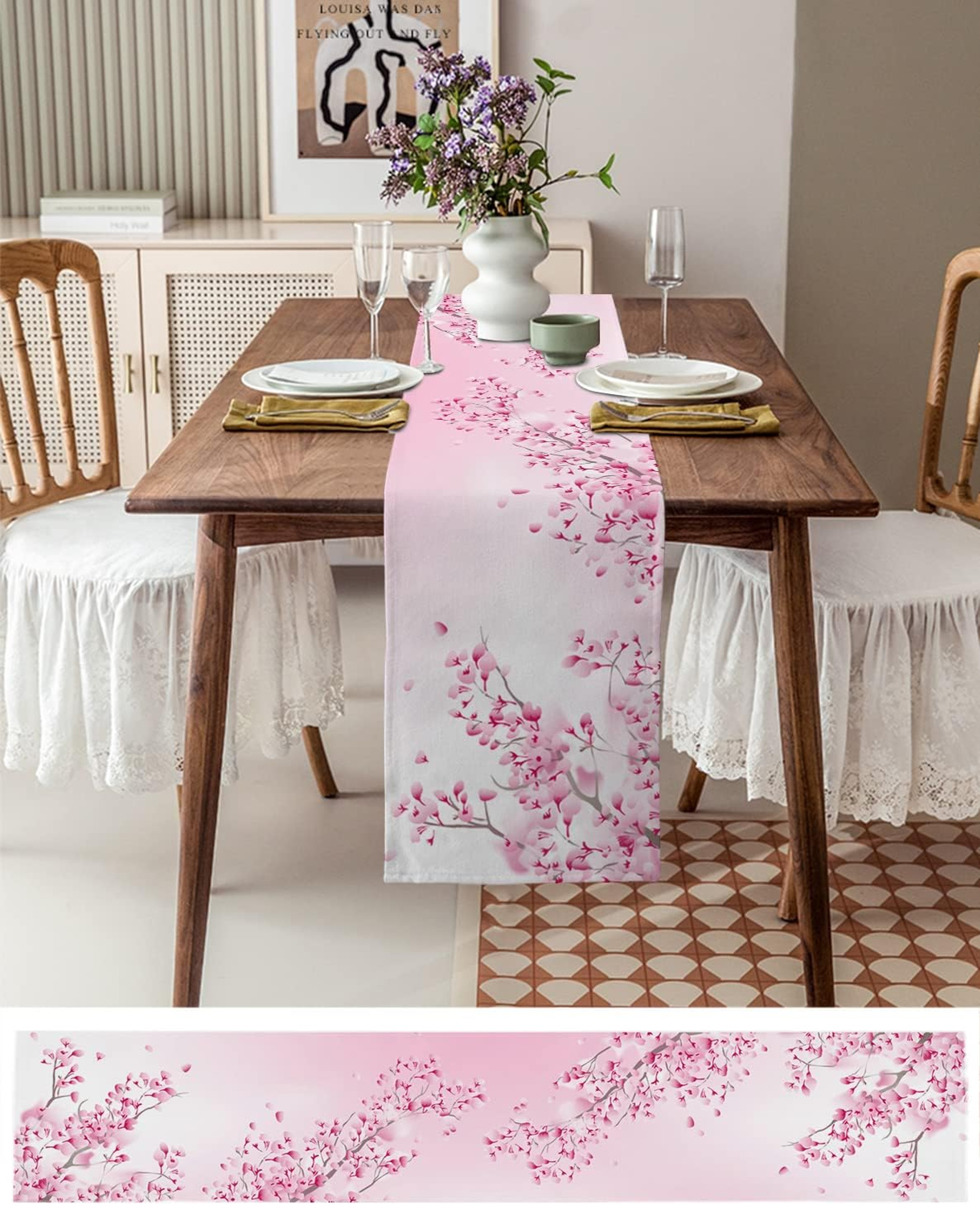 Elegant Cherry Blossom Table Runner Linen Table Runner Farmhouse Decor for Spring Summer Table Decor – view 3