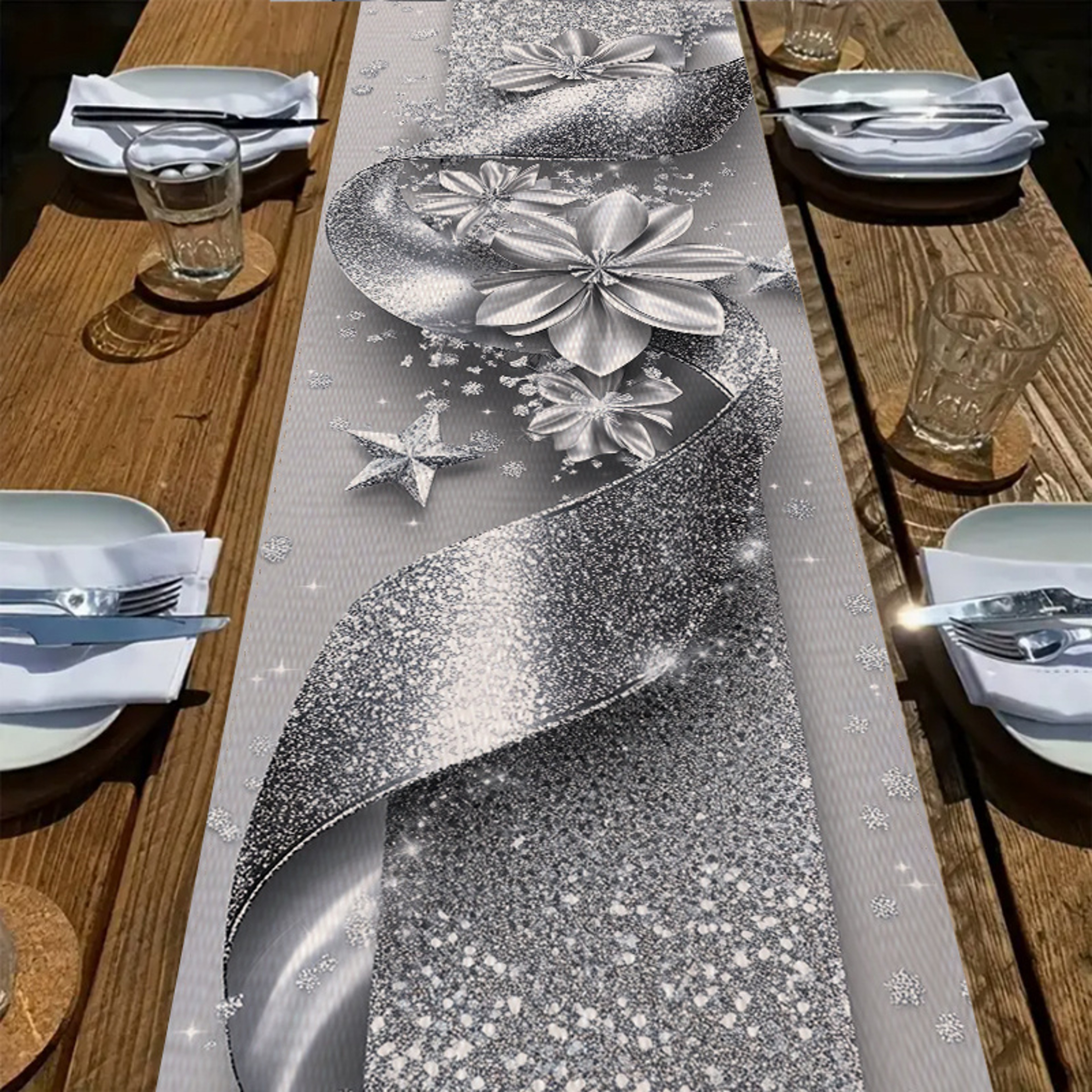Shining Silver Christmas Table Runner With Flower And Star Holiday Design 0