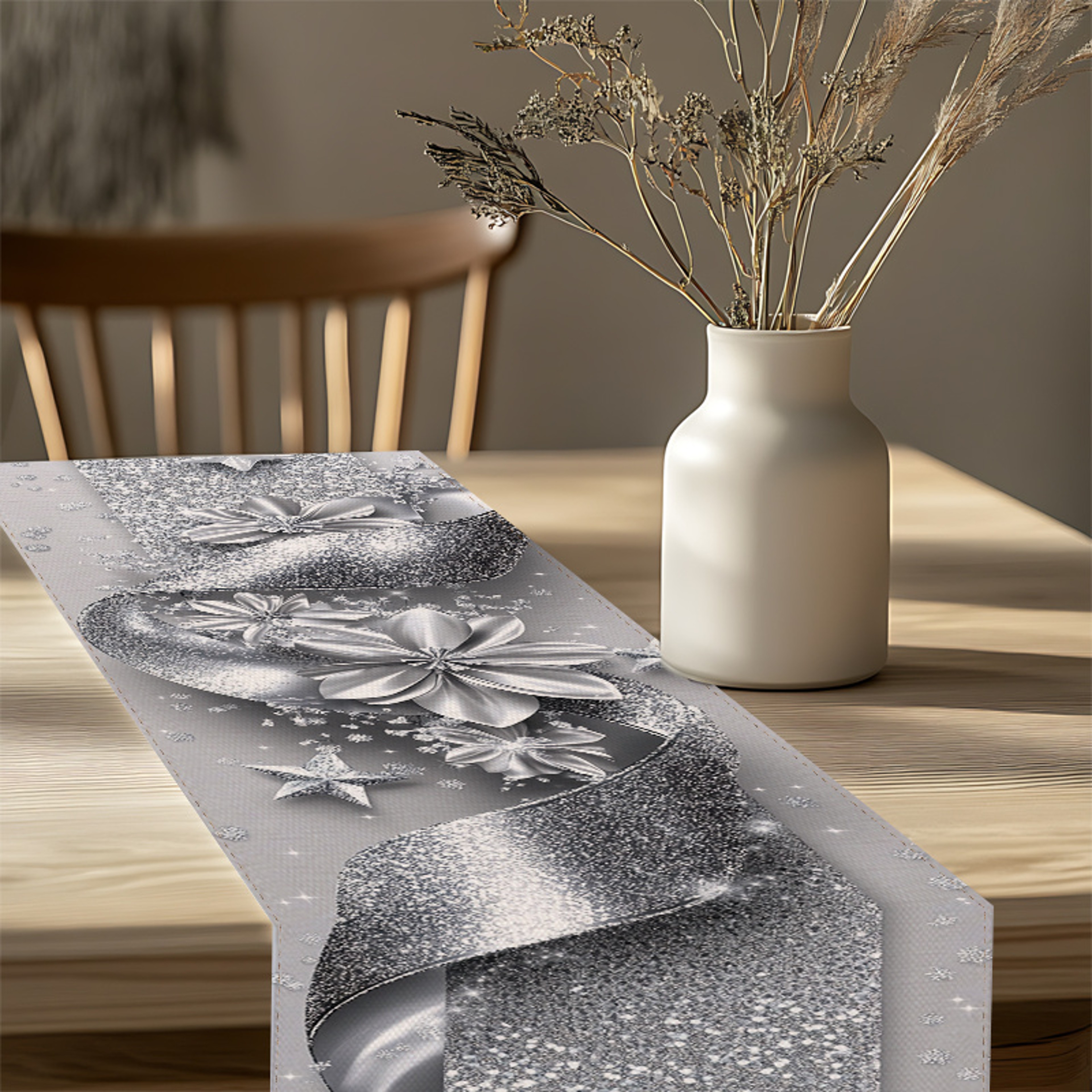 Shining Silver Christmas Table Runner With Flower And Star Holiday Design 2