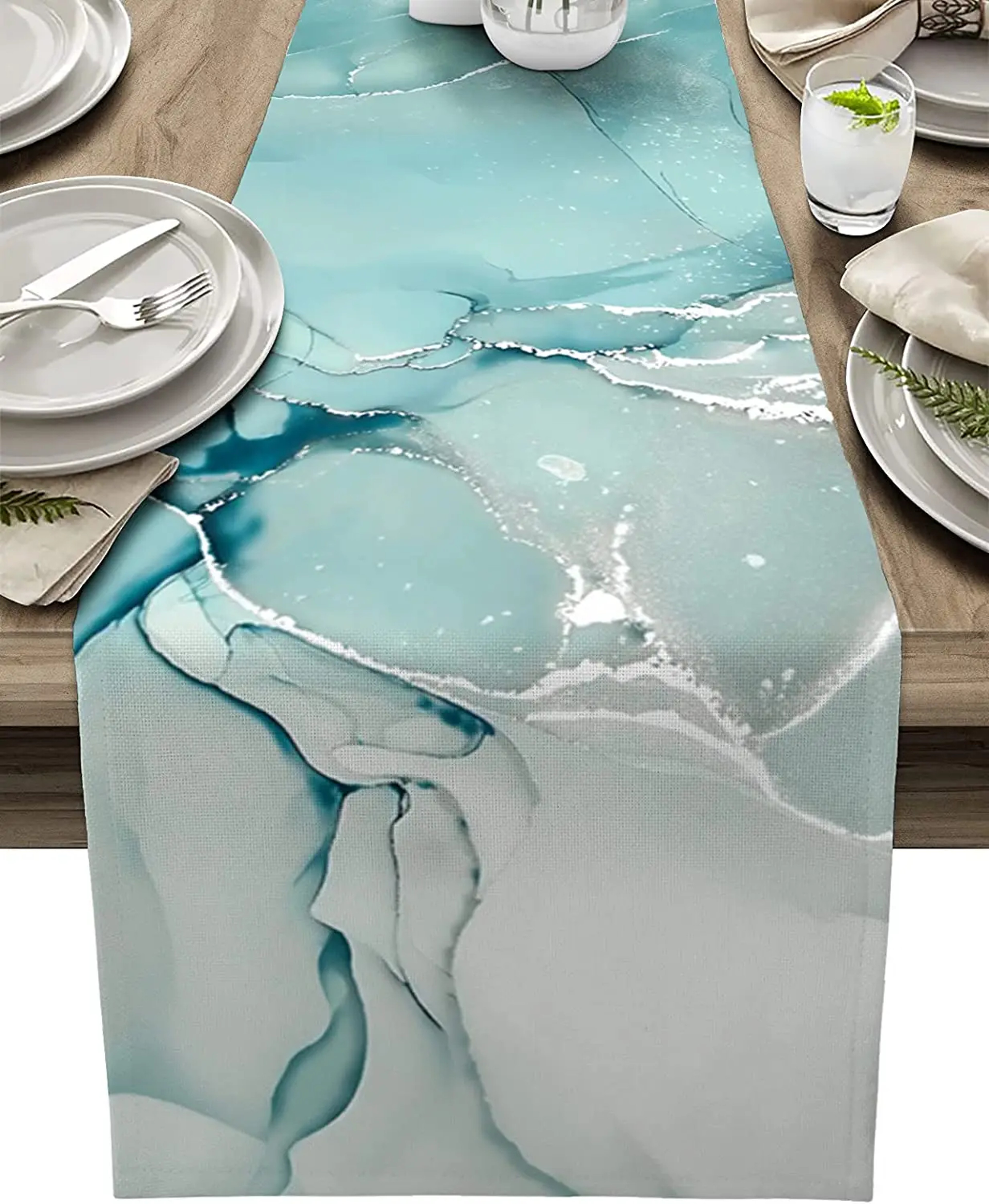 Marble Turquoise Linen Table Runner For Dining Table Decor 5
