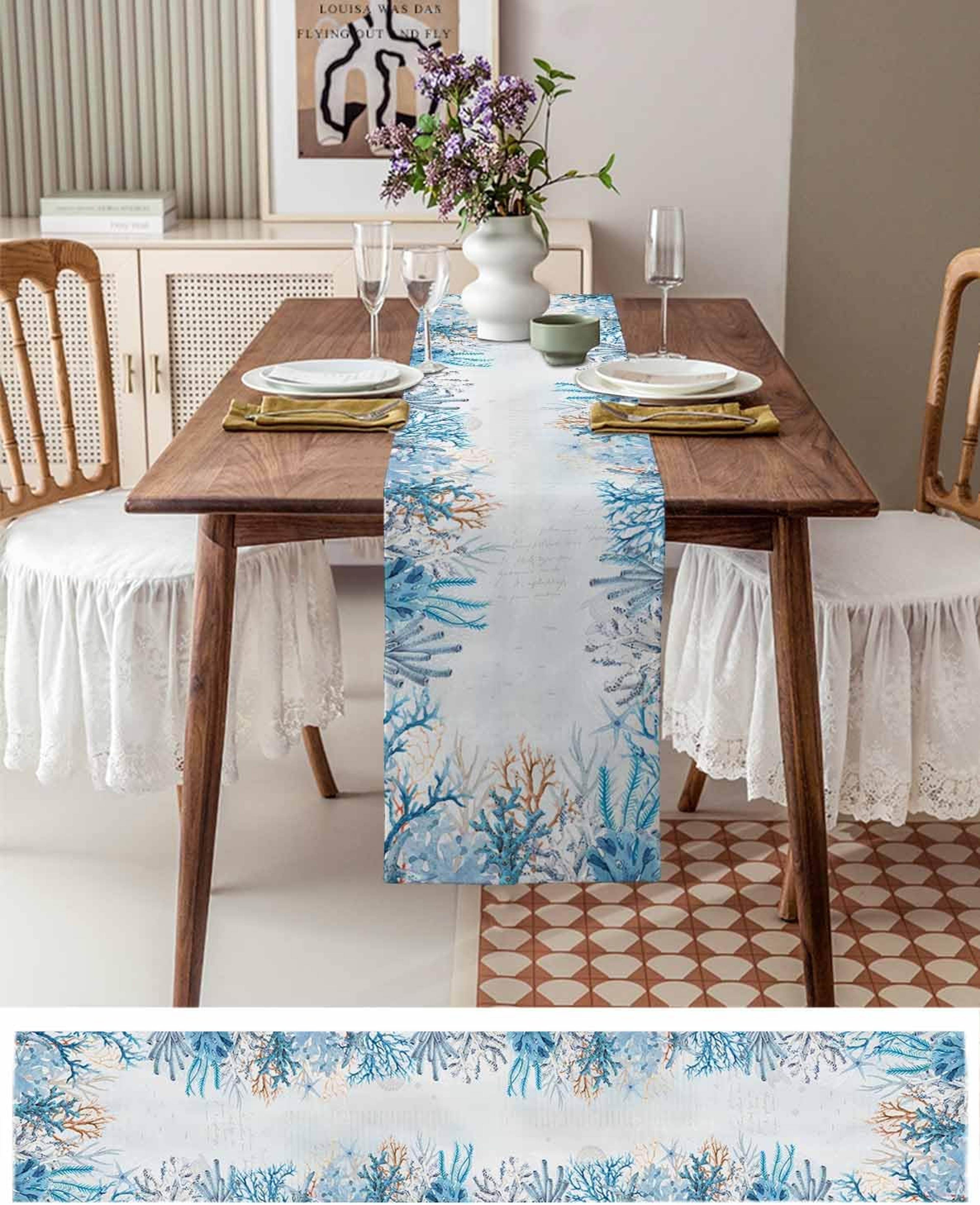 Coastal Blue Octopus Linen Style Table Runner for Nautical Dining Decor – view 3