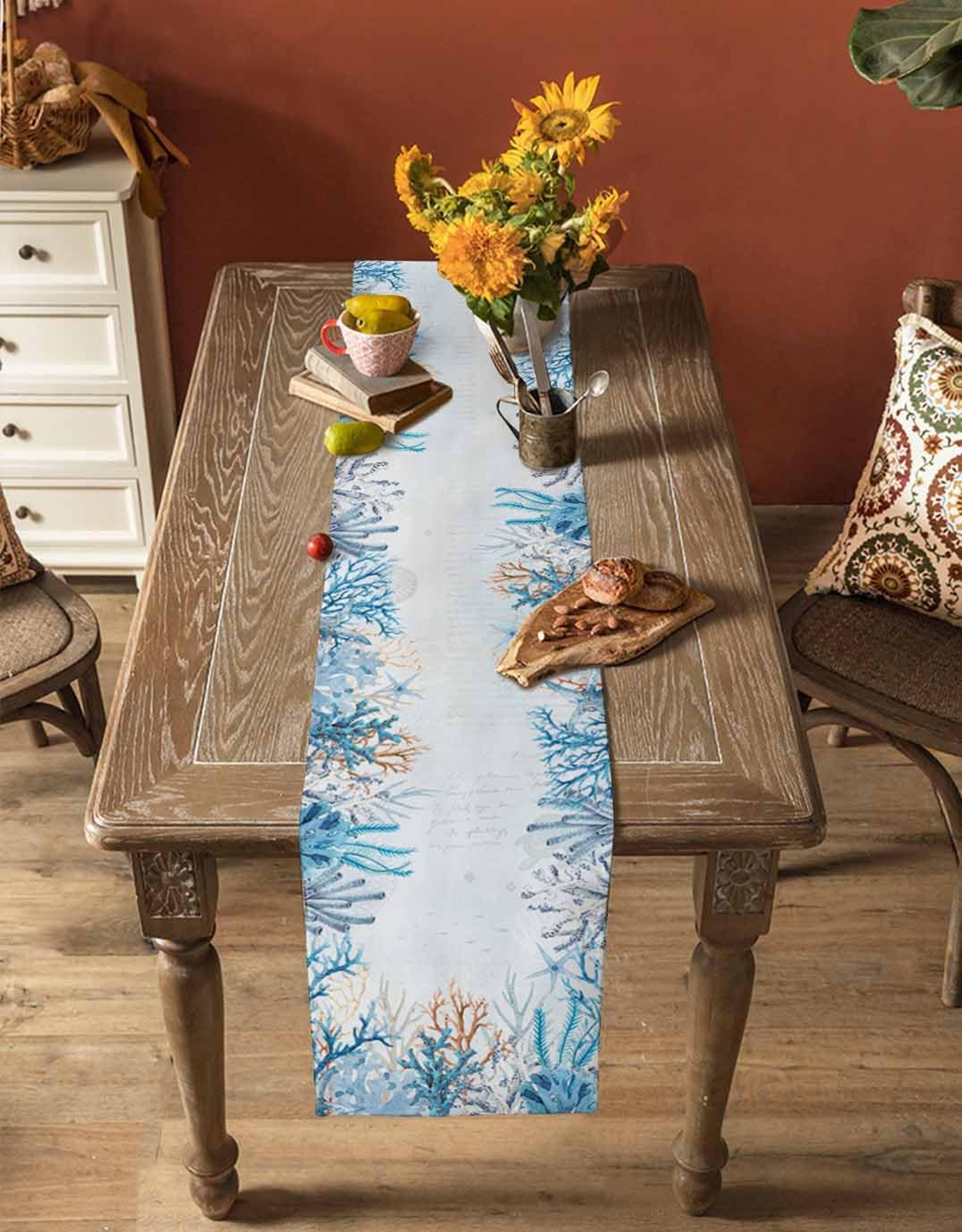 Coastal Blue Octopus Linen Style Table Runner for Nautical Dining Decor – view 5