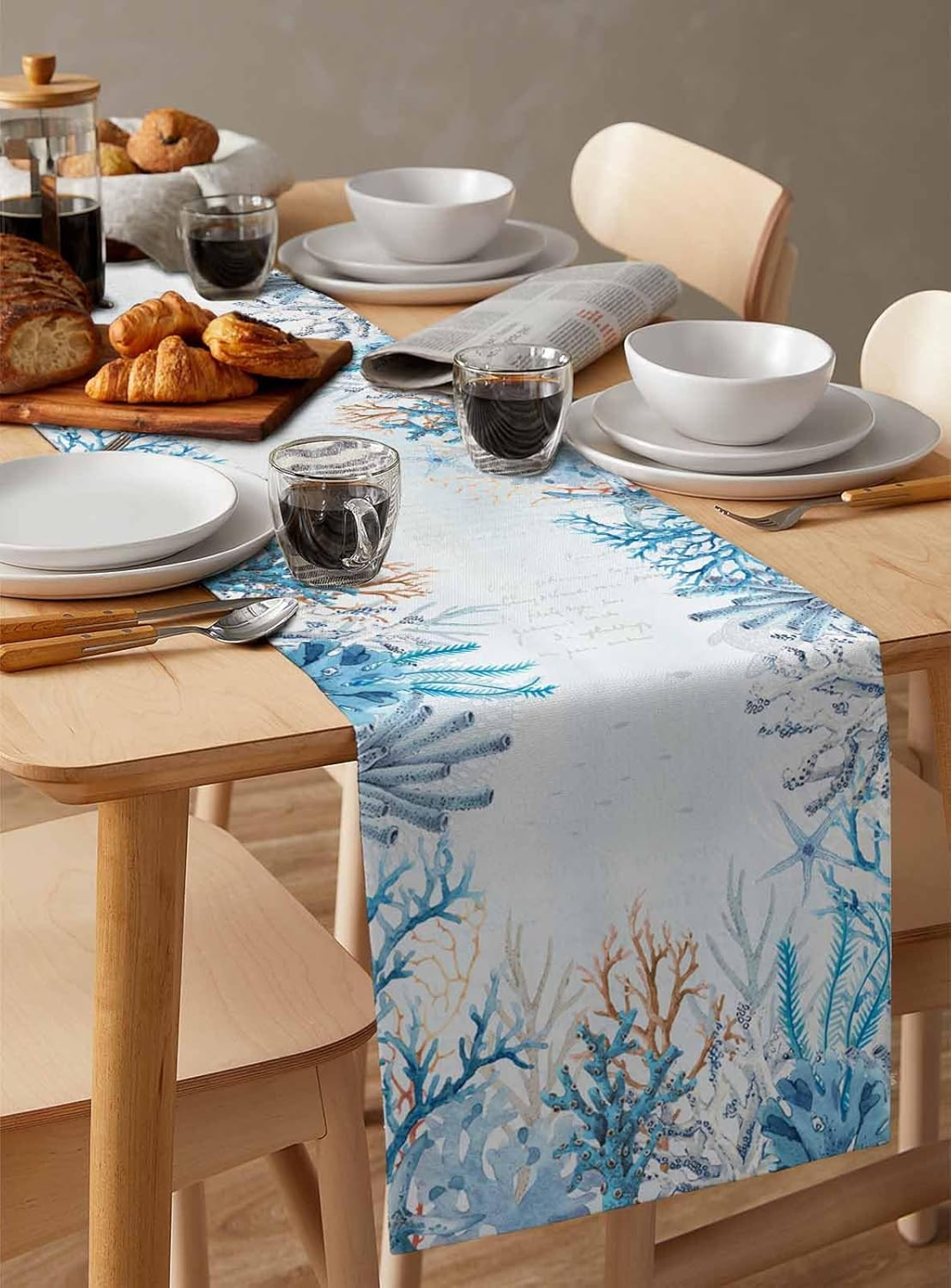 Coastal Blue Octopus Linen Style Table Runner for Nautical Dining Decor – view 6