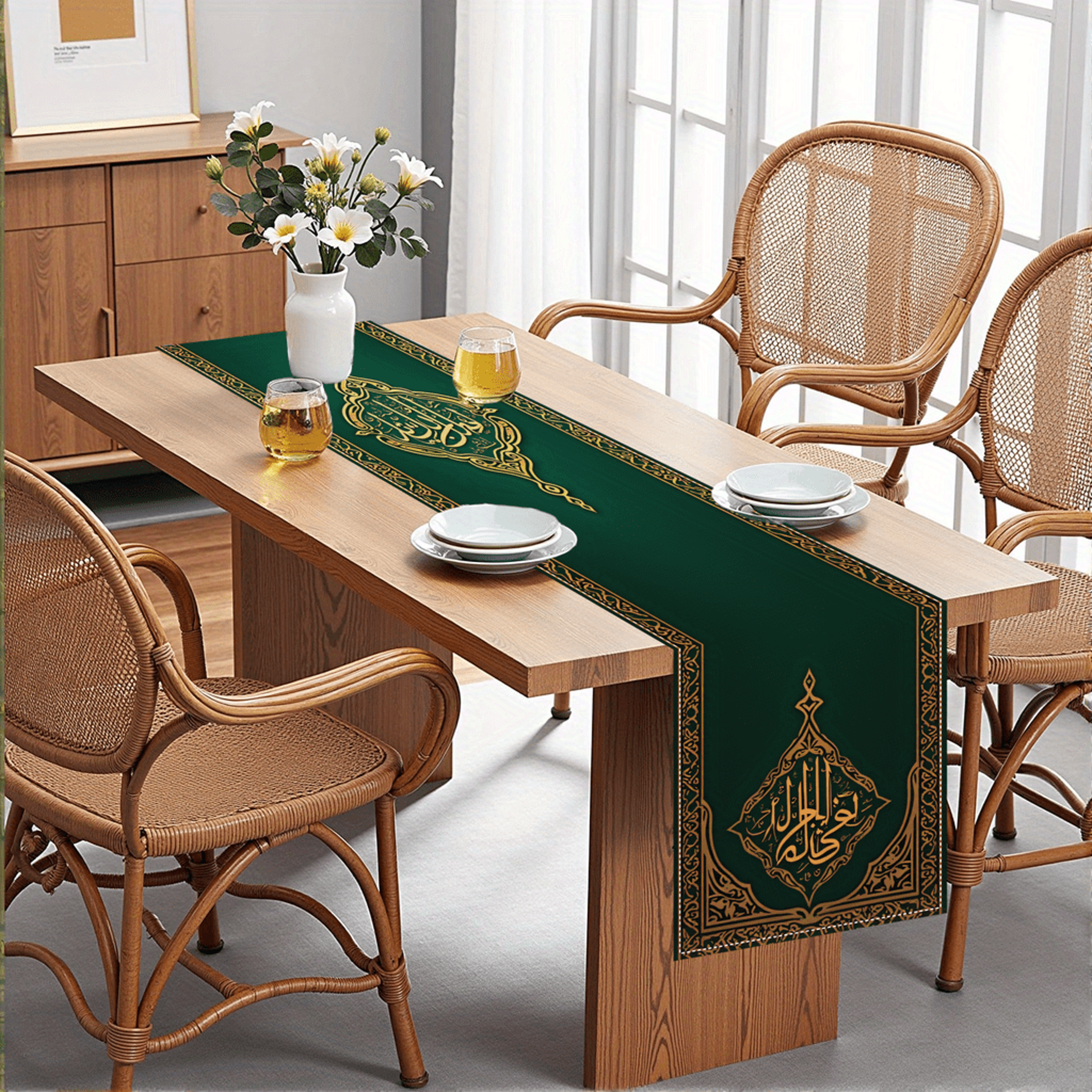 Ramadan Mubarak Green Linen Table Runner for Eid Table Decor – view 5