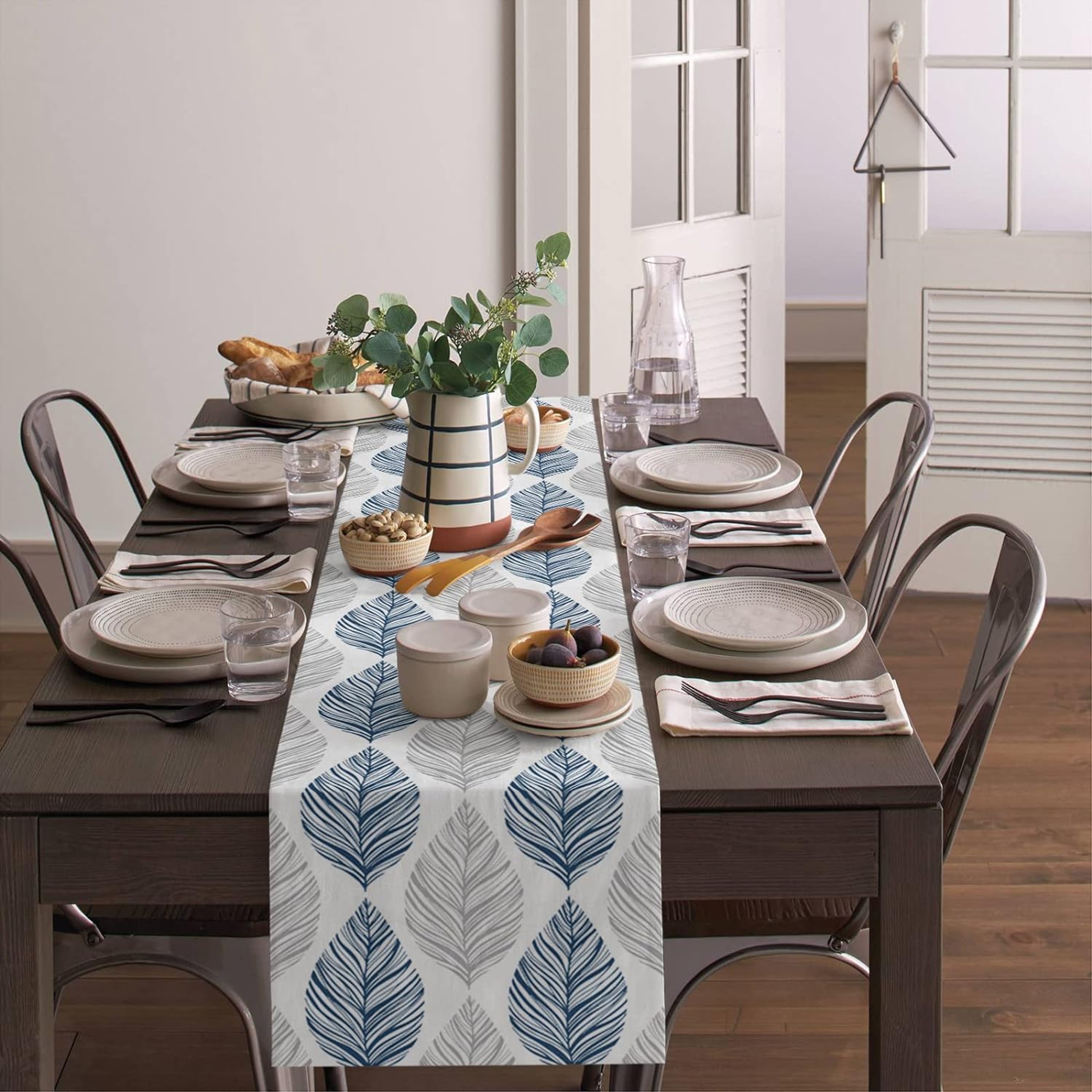 Navy Blue Grey Leaf Linen Table Runner for Dining Table Decor – view 3