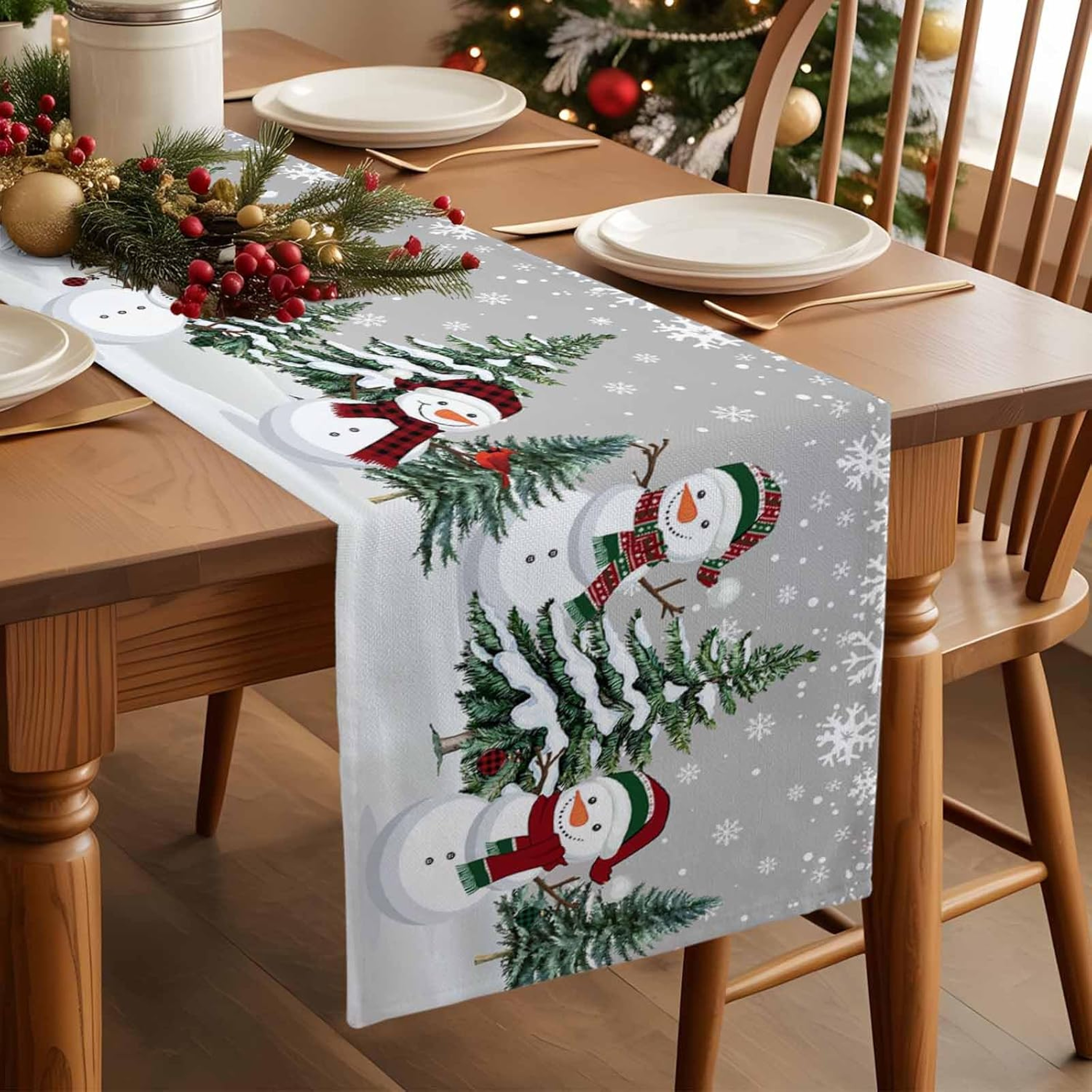 Christmas Snowman Linen Table Runner for Festive Winter Dining Decor – view 4