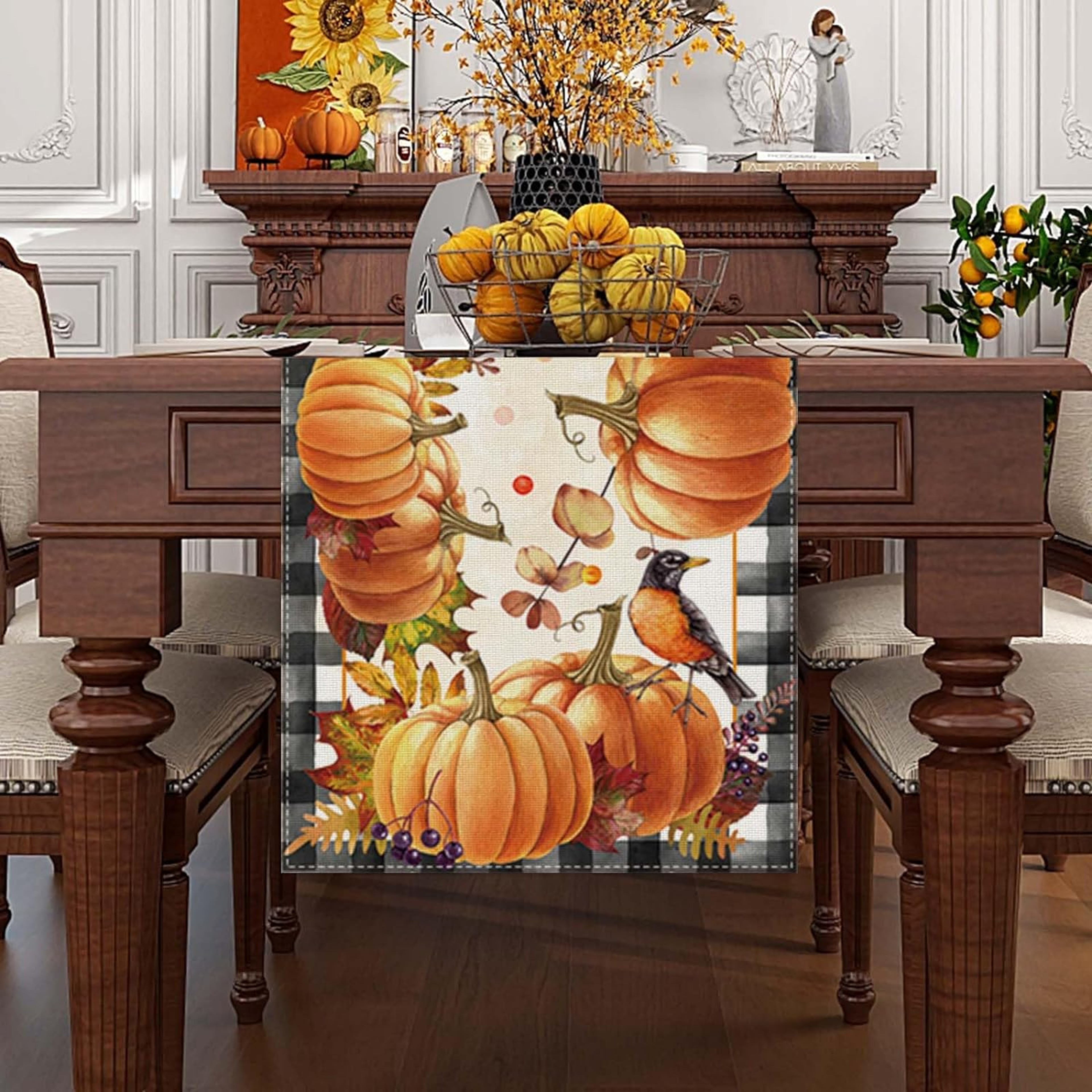 Buffalo Plaid Fall Table Runner with Pumpkin Leaves for Thanksgiving Dining Decor – view 2