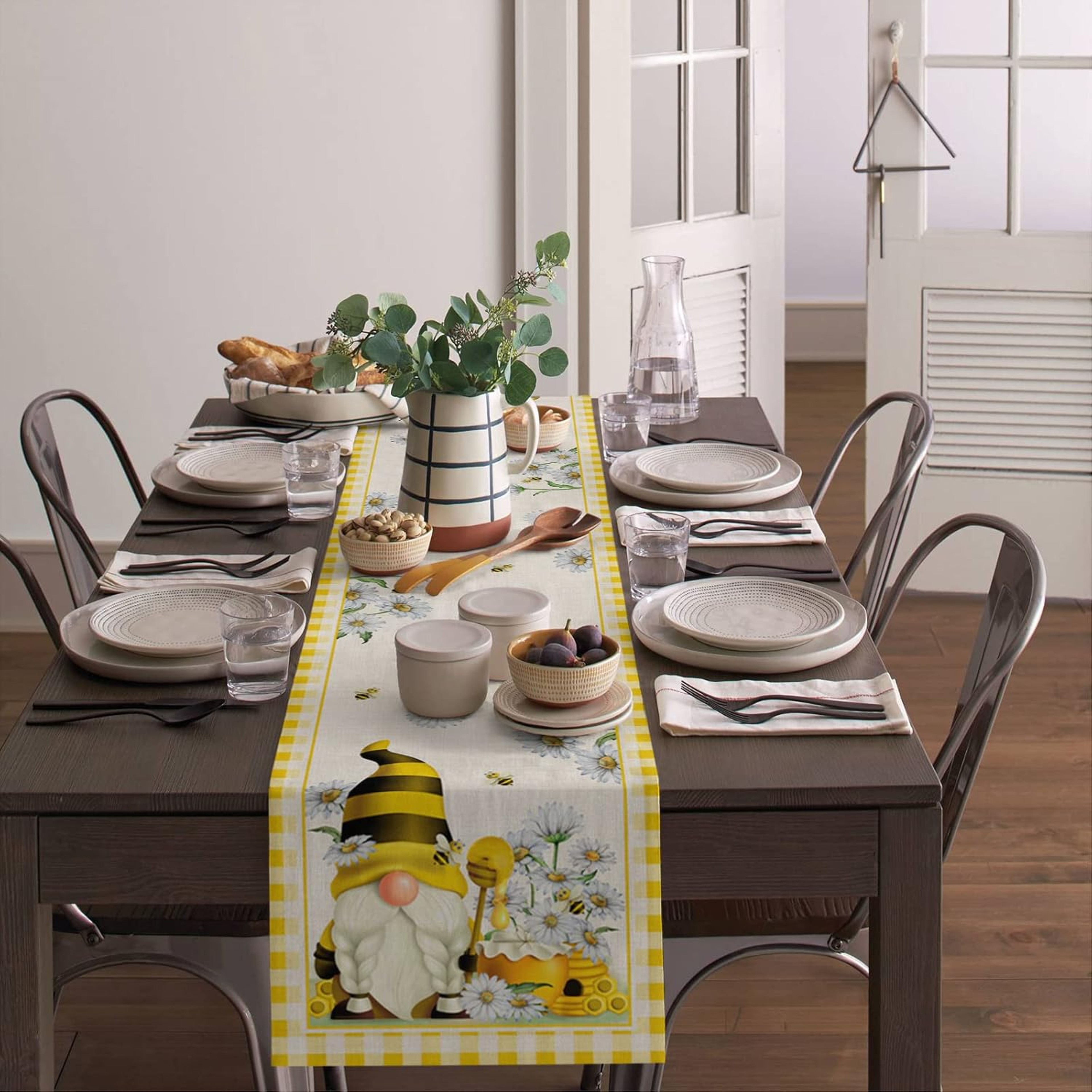 Spring Bee Gnome Yellow Plaid Farmhouse Table Runner – view 4