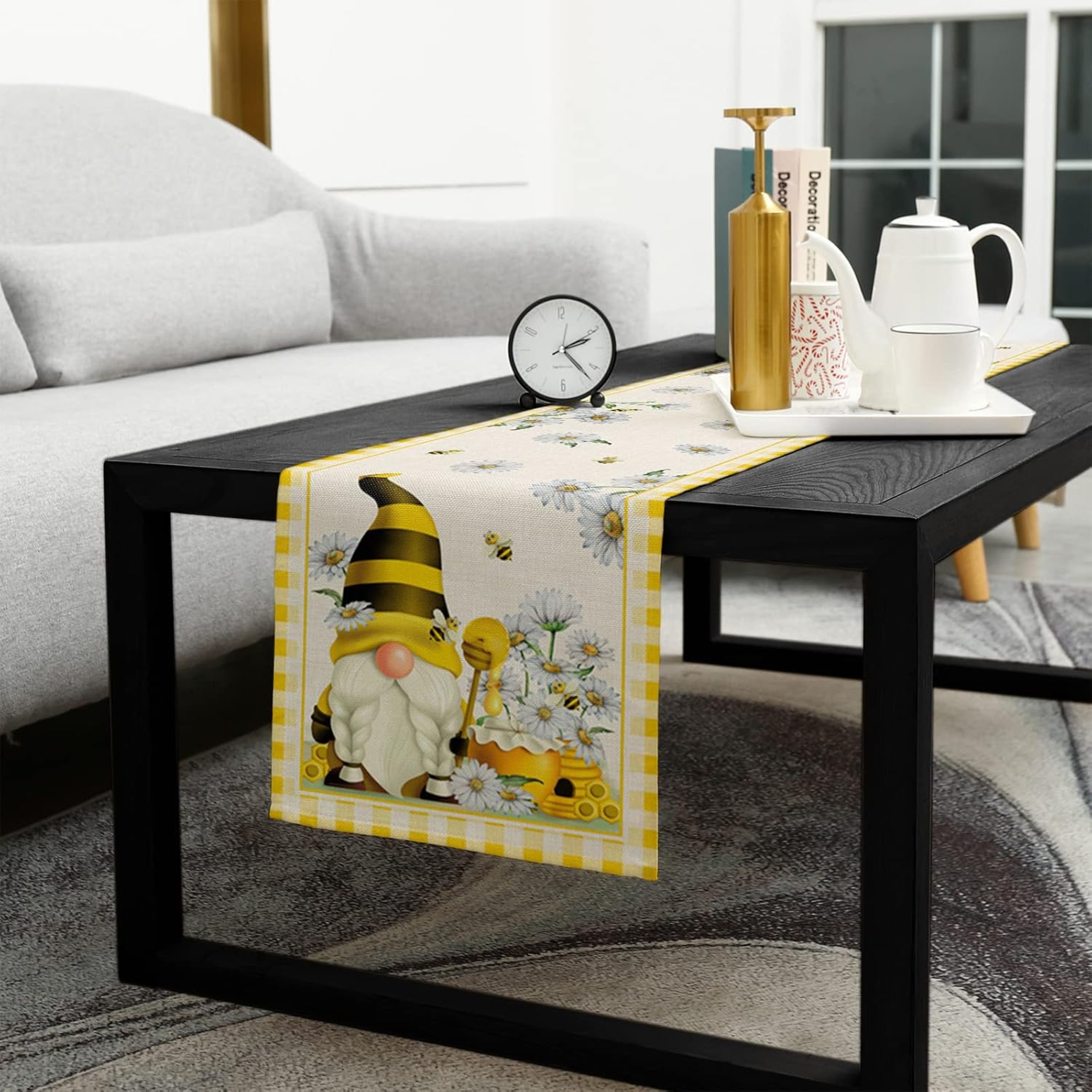 Spring Bee Gnome Yellow Plaid Farmhouse Table Runner – view 5