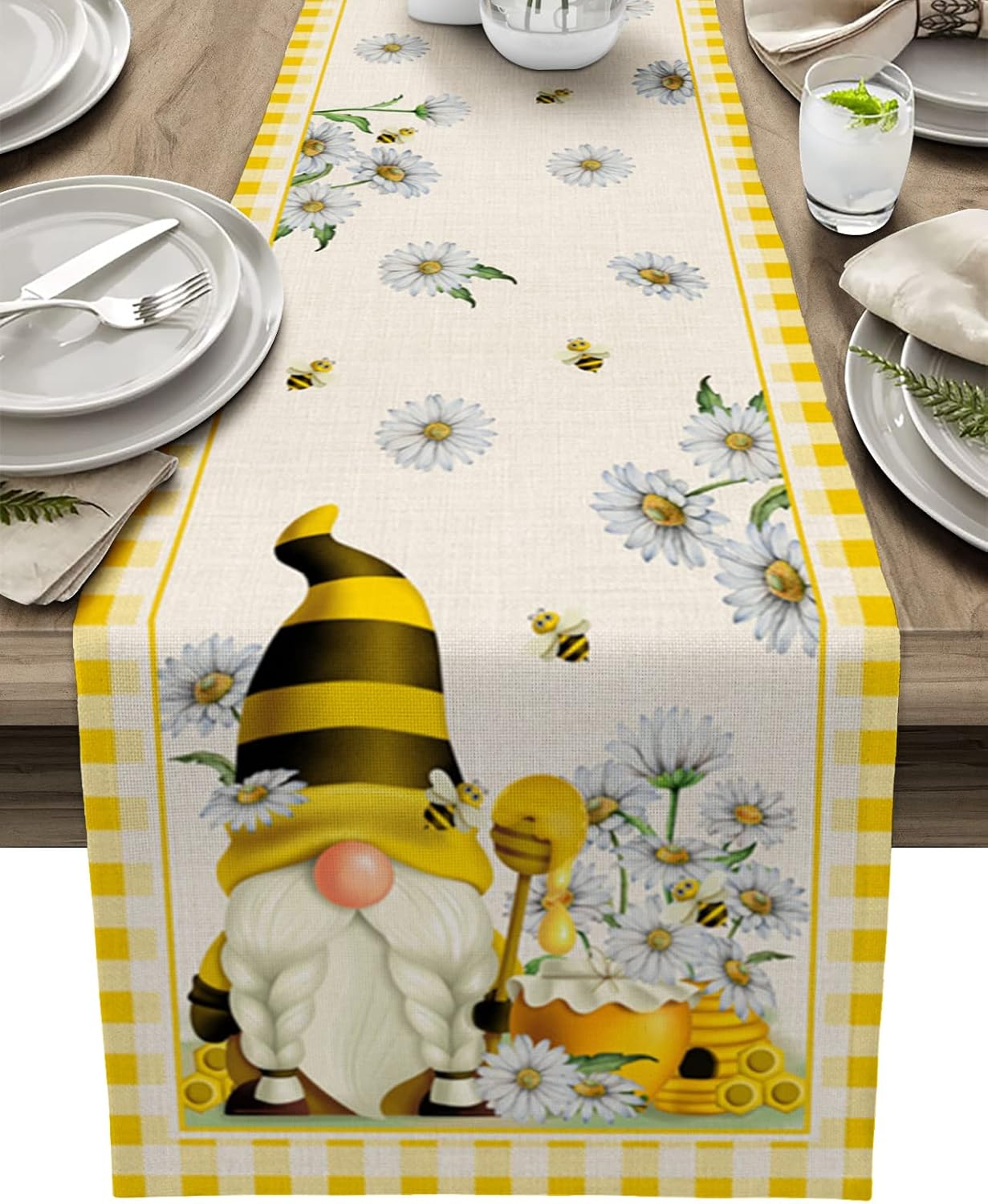 Spring Bee Gnome Yellow Plaid Farmhouse Table Runner – view 7