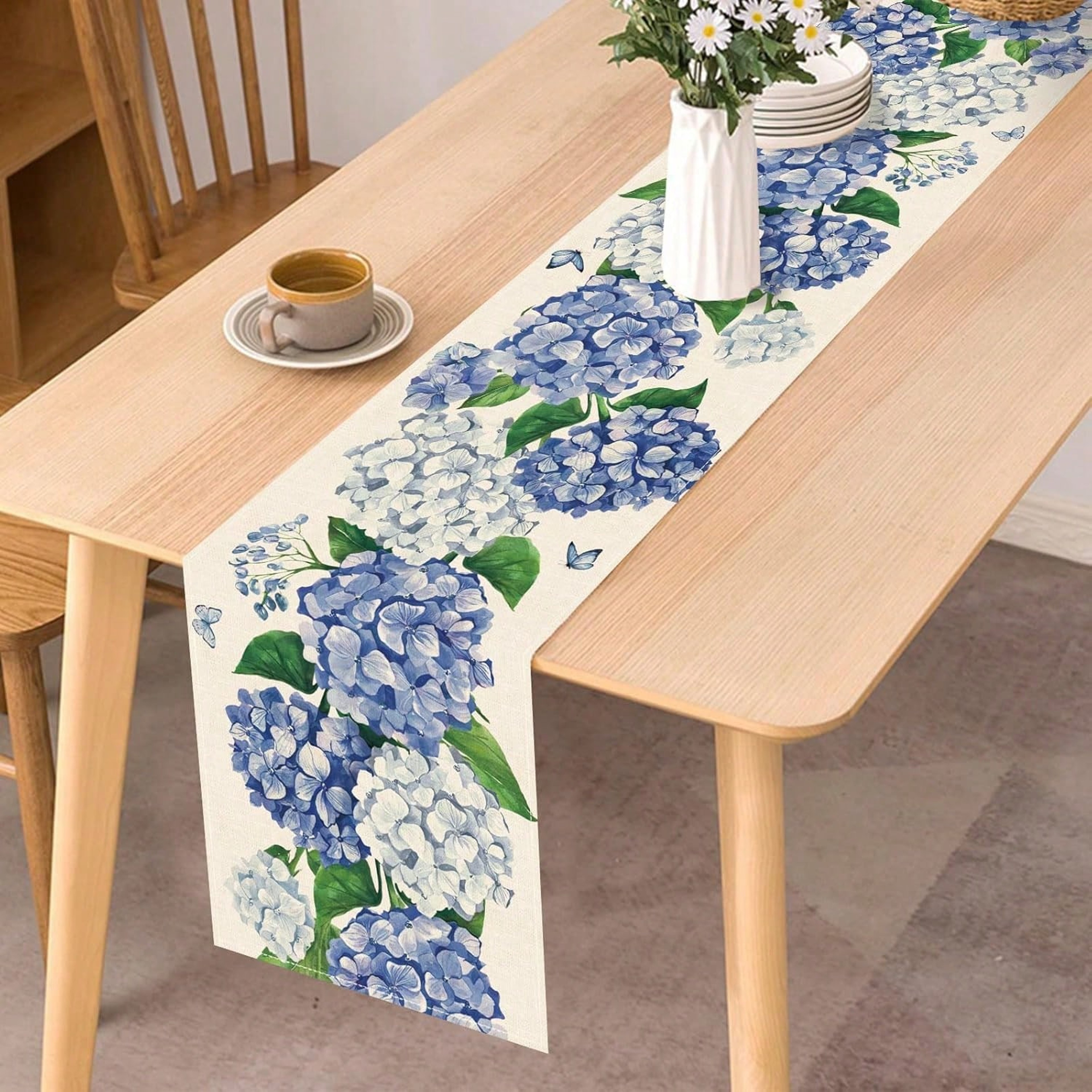 Spring Hydrangea Floral Table Runner For Kitchen Dining Decor 1