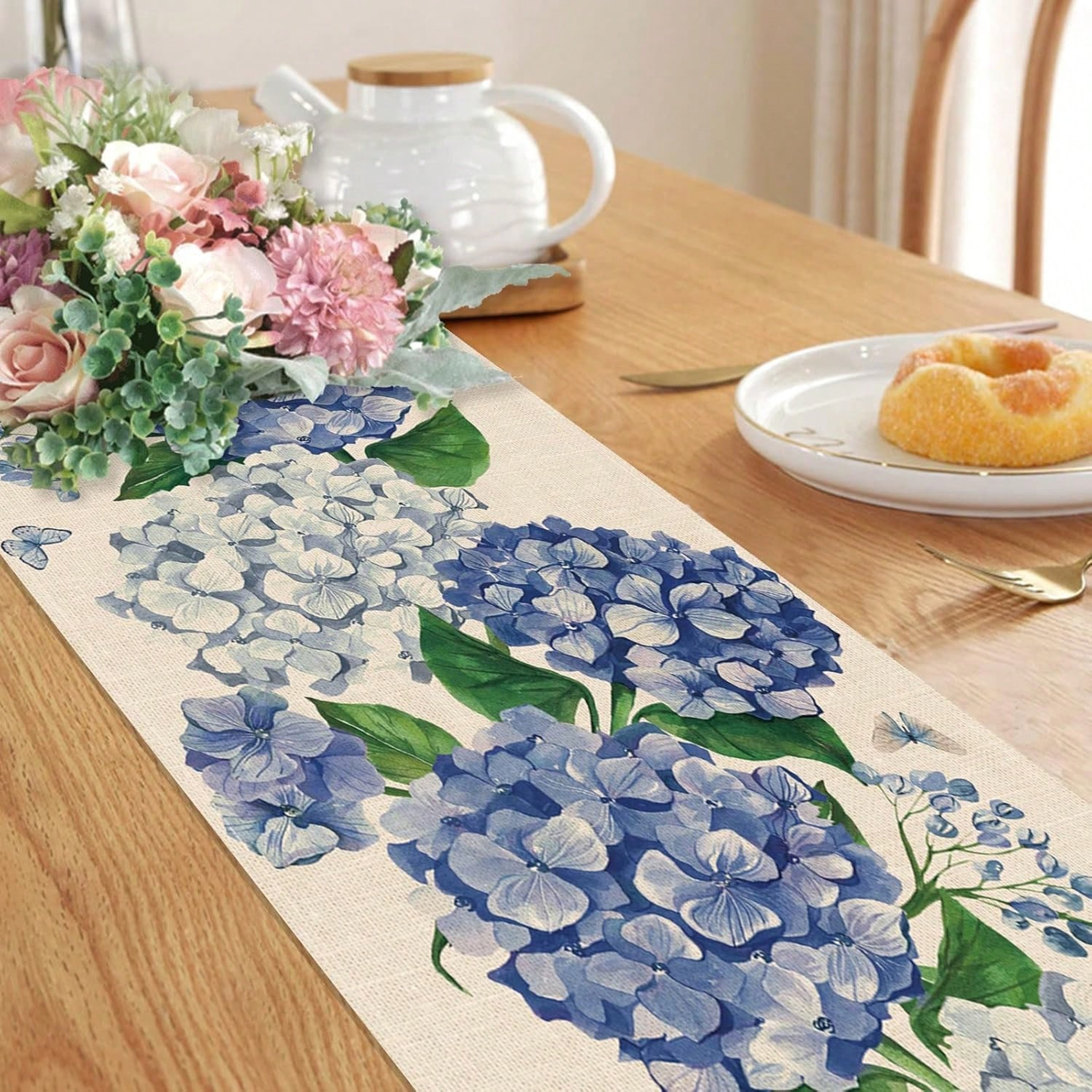 Spring Hydrangea Floral Table Runner For Kitchen Dining Decor 4