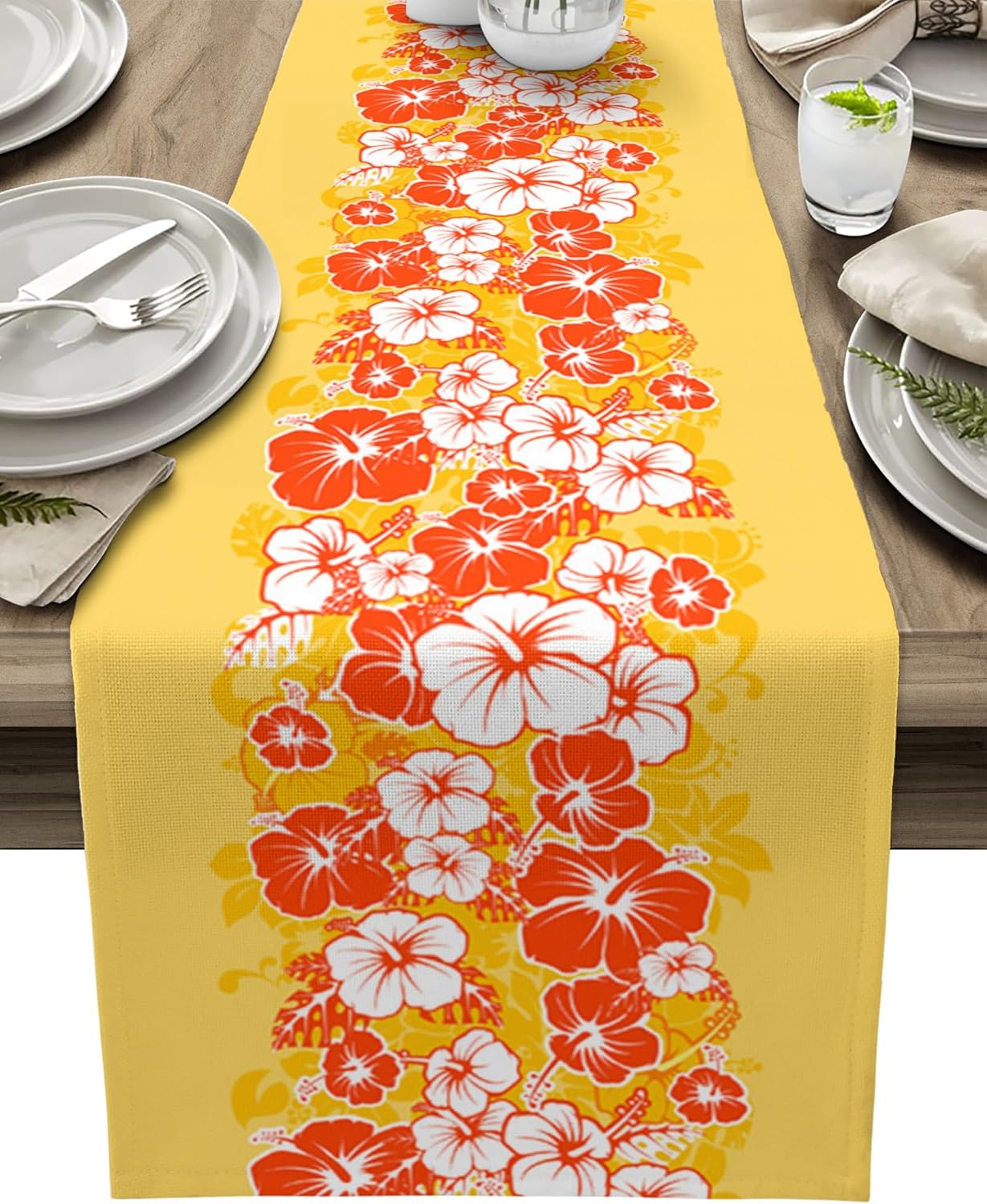 Tropical Hibiscus Linen Table Runner for Hawaiian Dining and Summer Party Decor – view 1