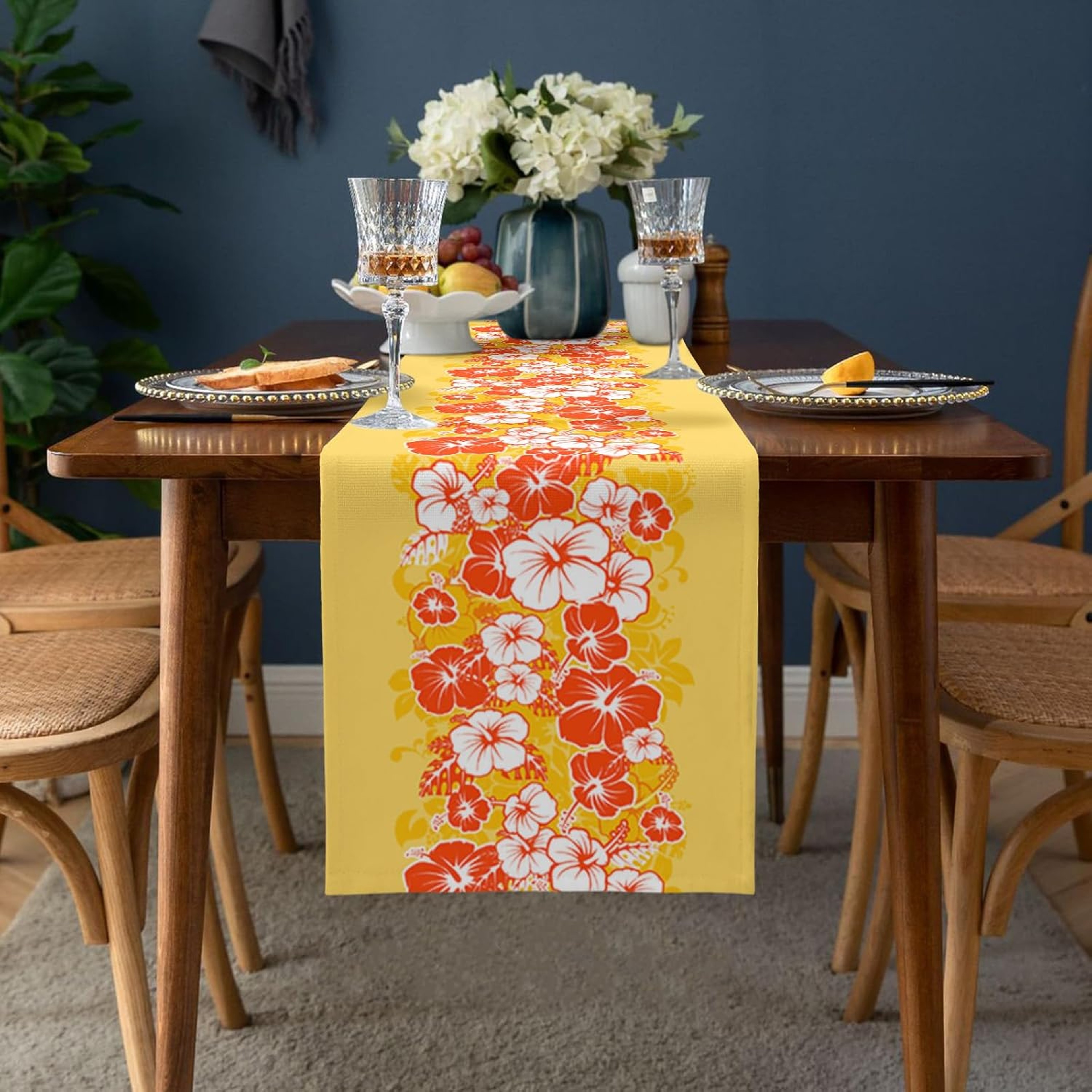 Tropical Hibiscus Linen Table Runner for Hawaiian Dining and Summer Party Decor – view 2