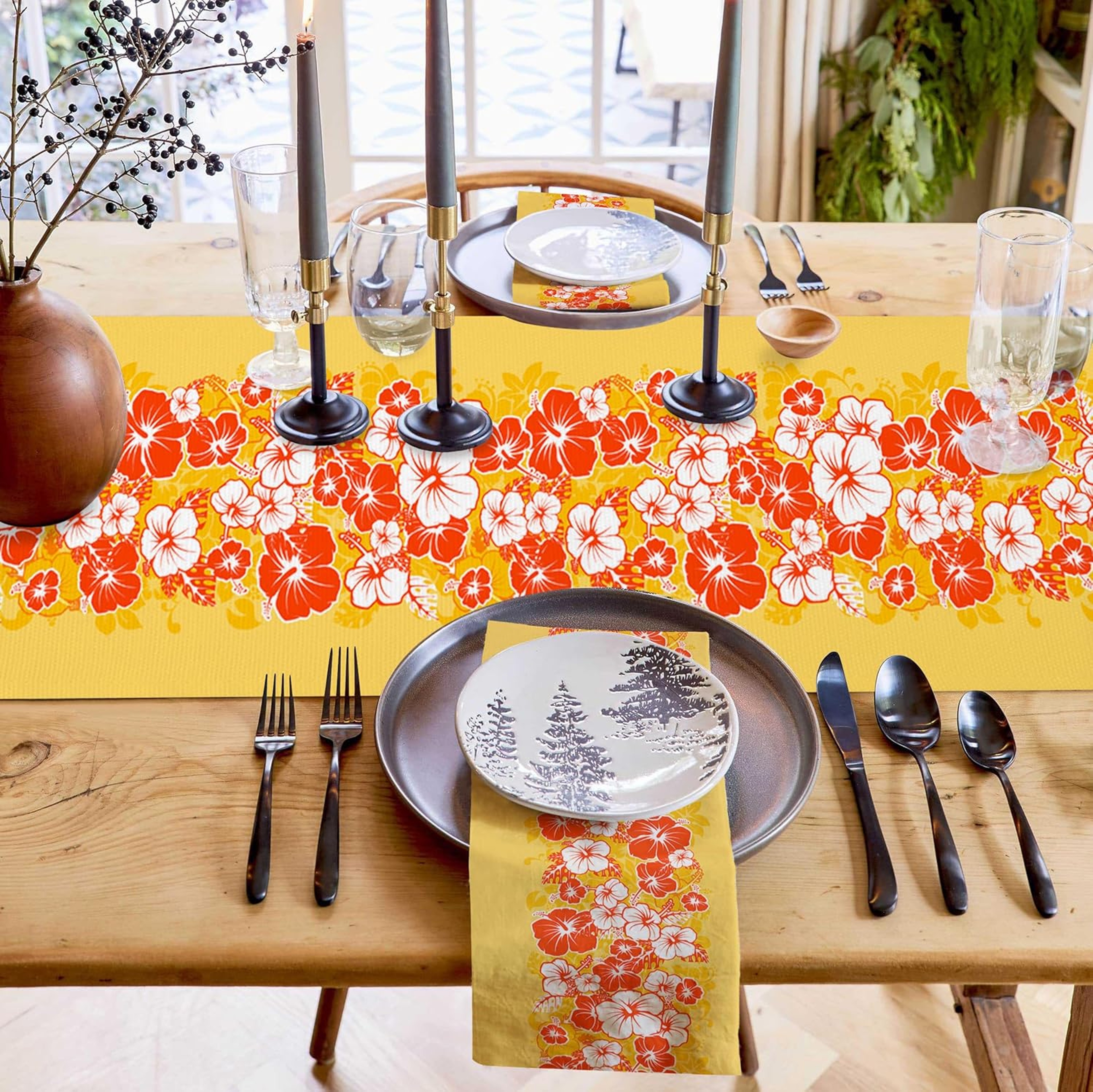 Tropical Hibiscus Linen Table Runner for Hawaiian Dining and Summer Party Decor – view 3