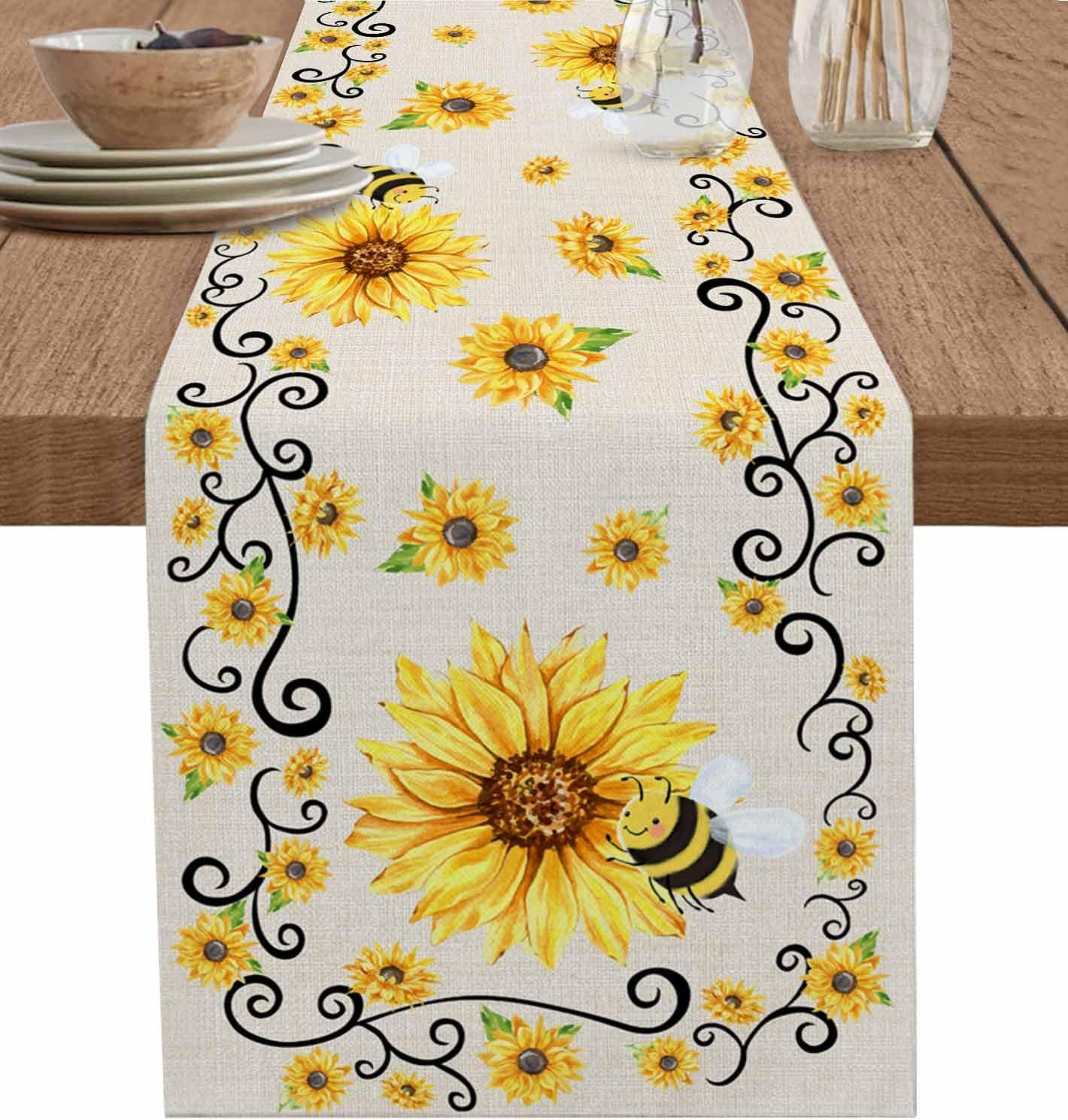 Sunflower Bee Linen Table Runner for Farmhouse Summer Table Decor – view 1