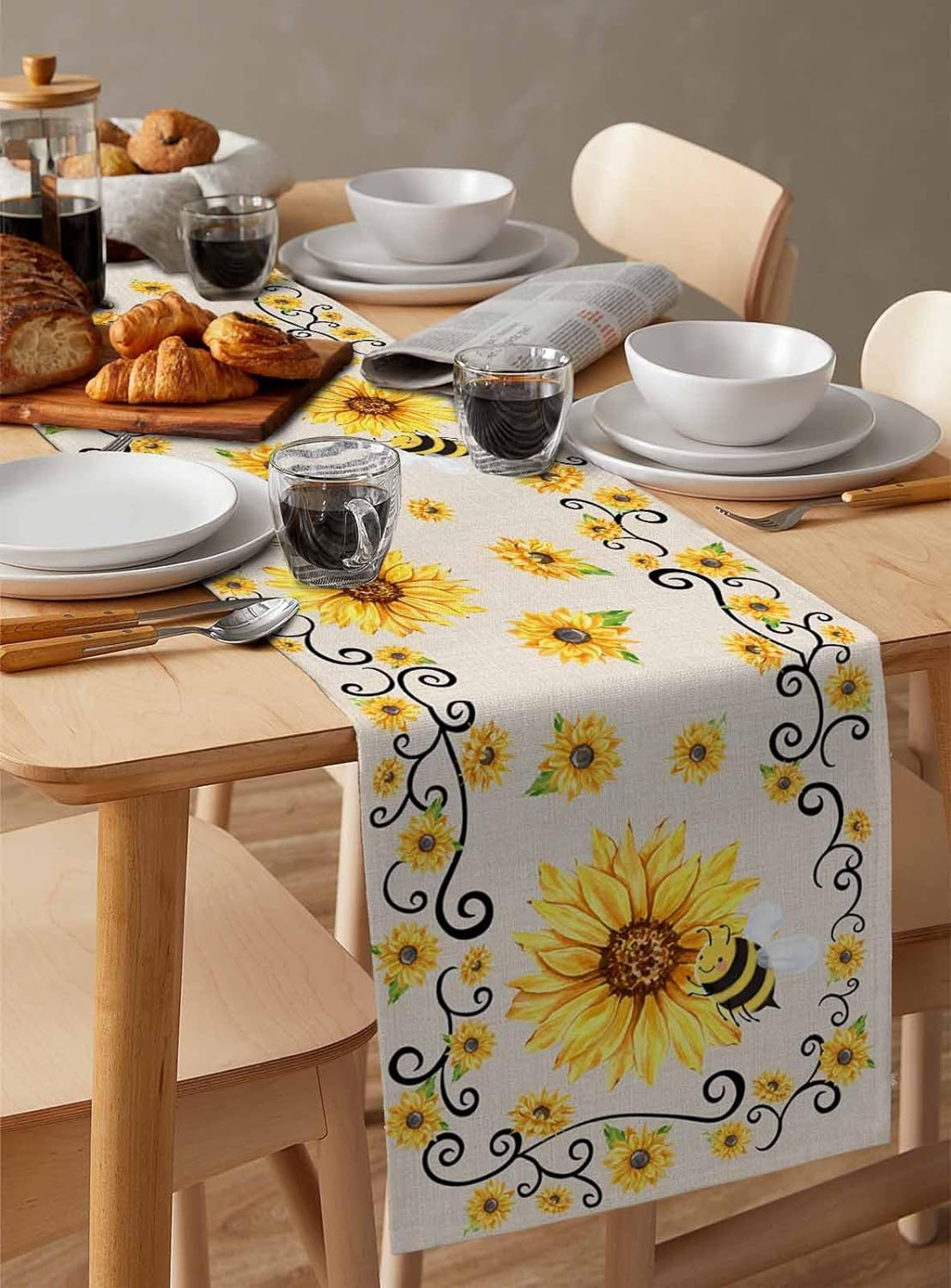 Sunflower Bee Linen Table Runner for Farmhouse Summer Table Decor – view 3