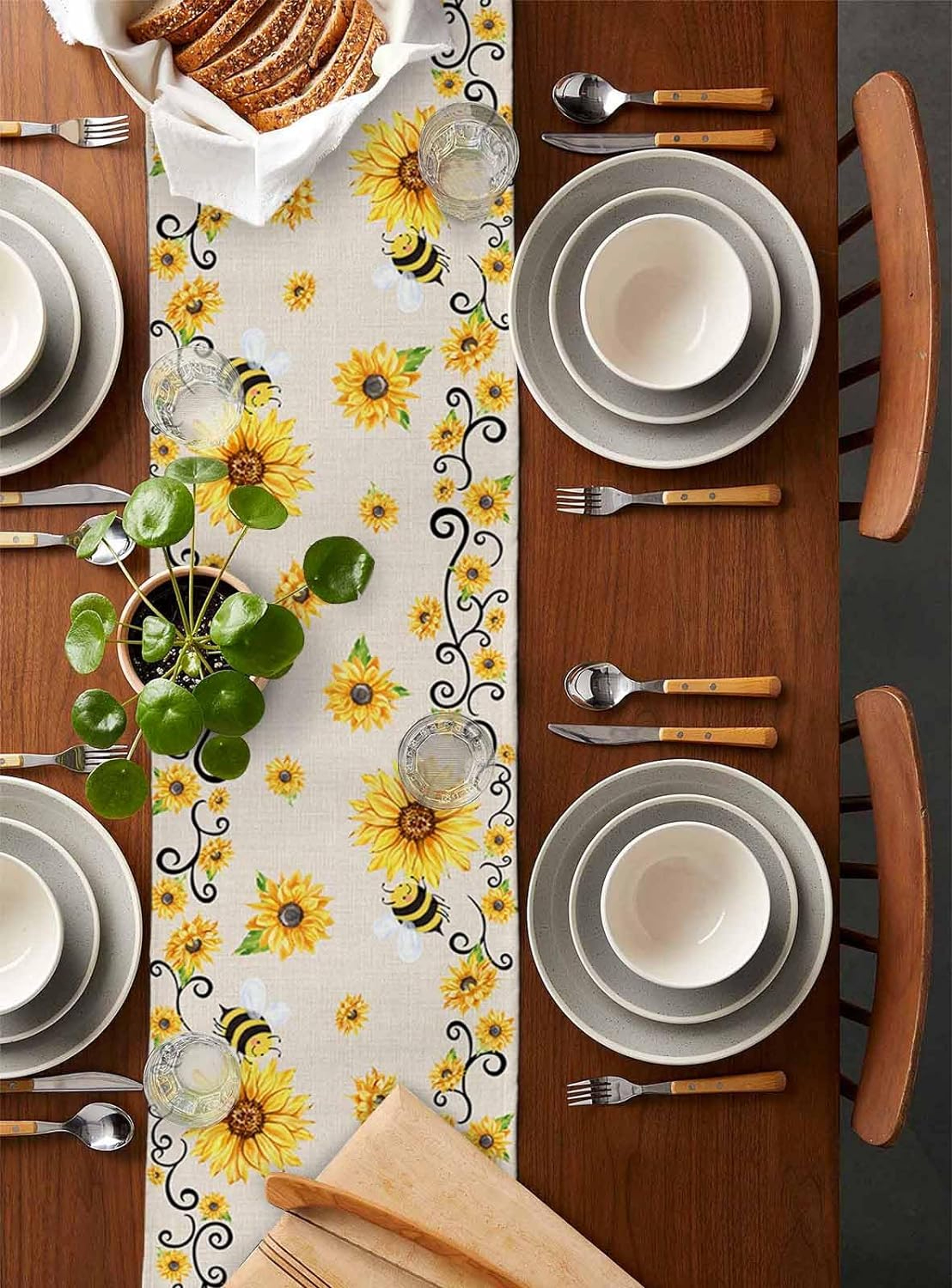 Sunflower Bee Linen Table Runner for Farmhouse Summer Table Decor – view 5