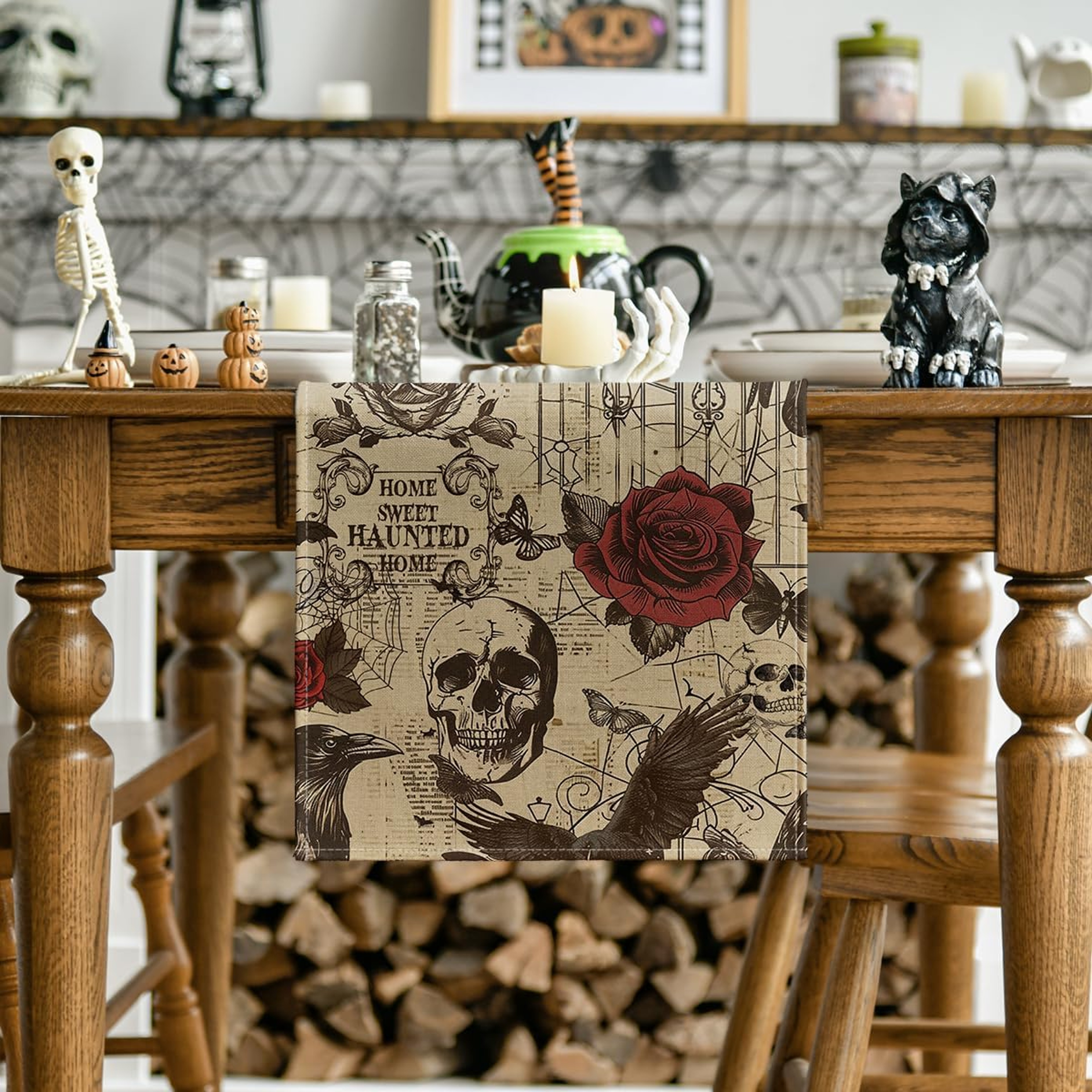 Gothic Skull Rose Halloween Table Runner For Spooky Dining Decor 1