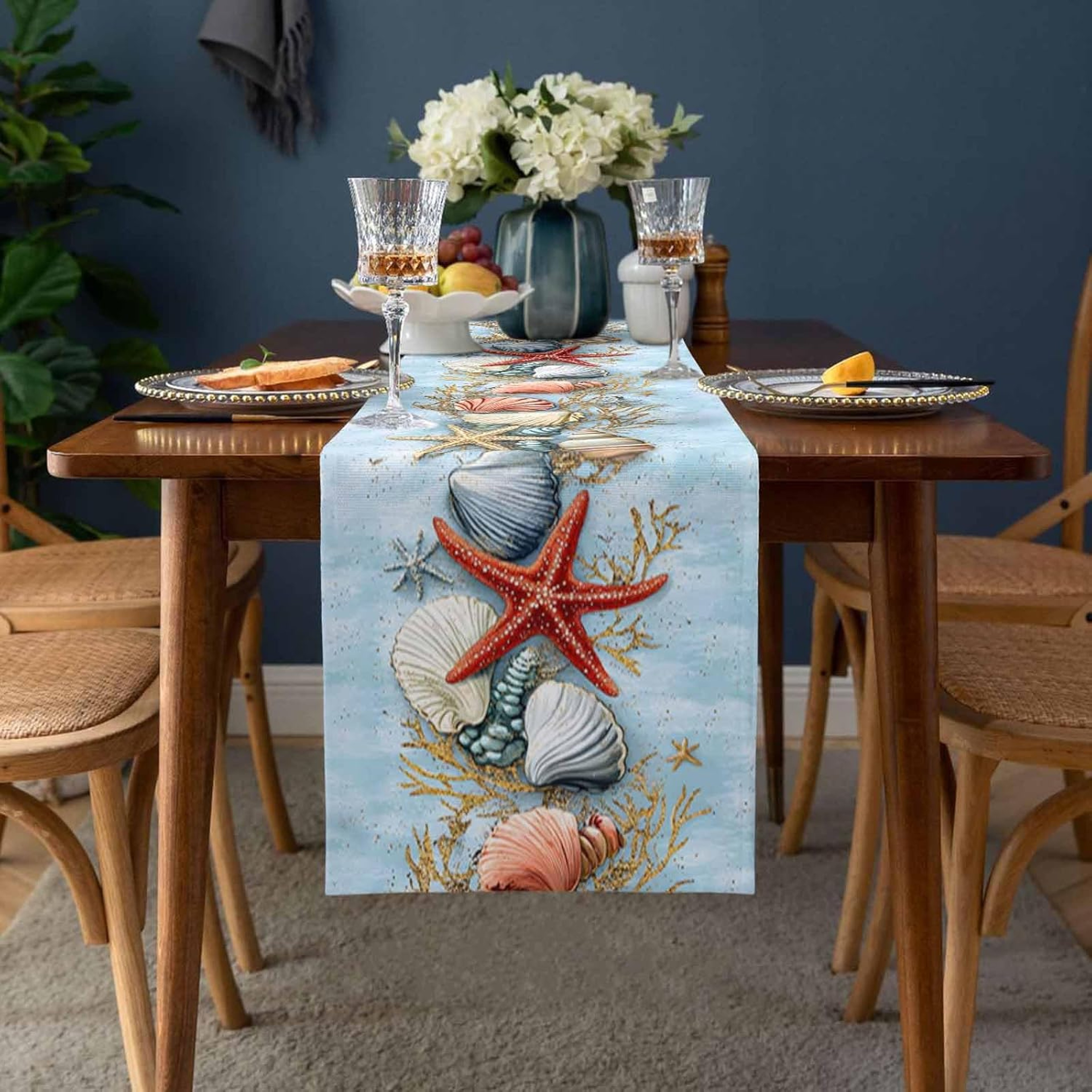 Coastal Table Runner With Seashell Starfish Print For Beach Dining Decor 1