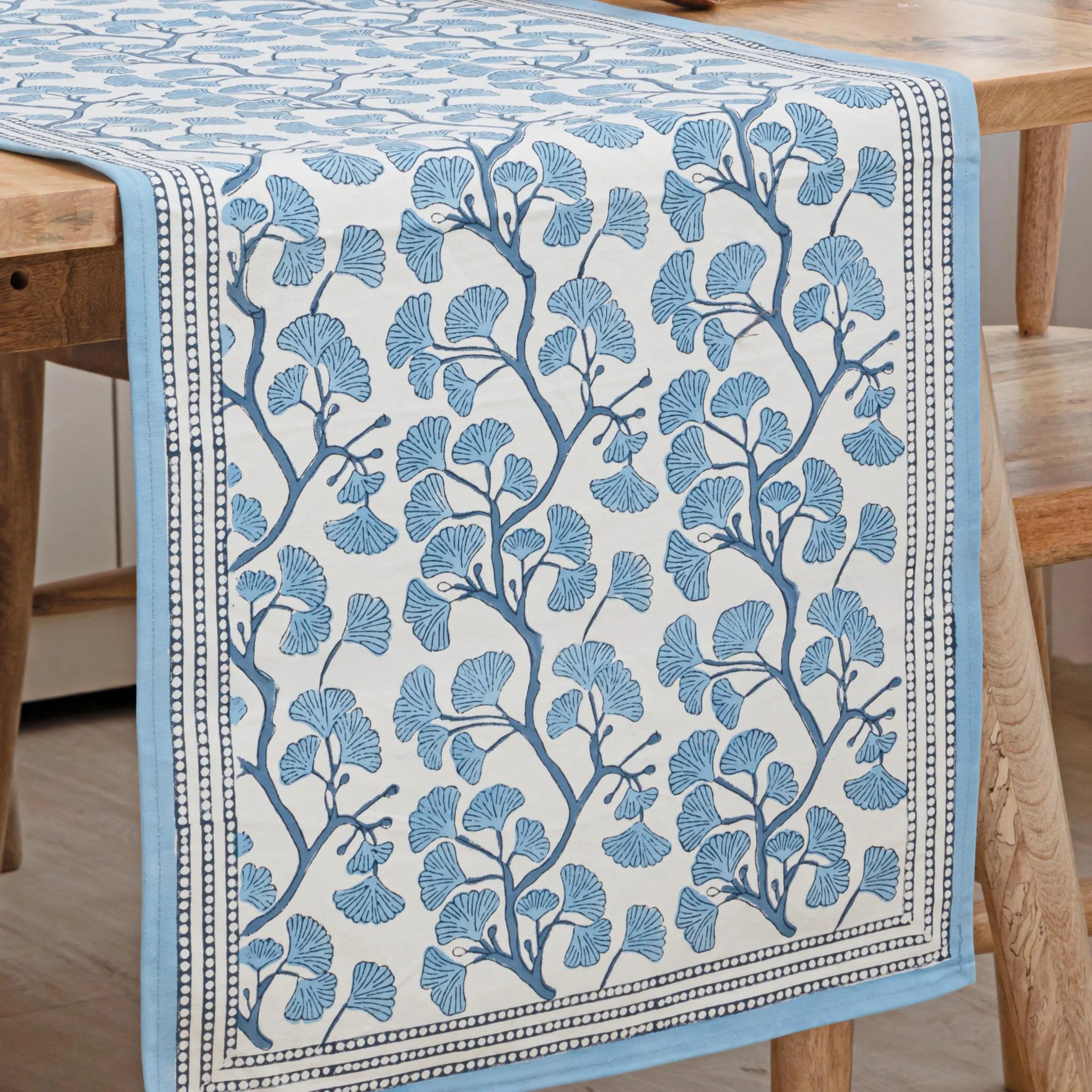 Blue Ginkgo Leaf Linen Table Runner For Elegant Dining Decor 3