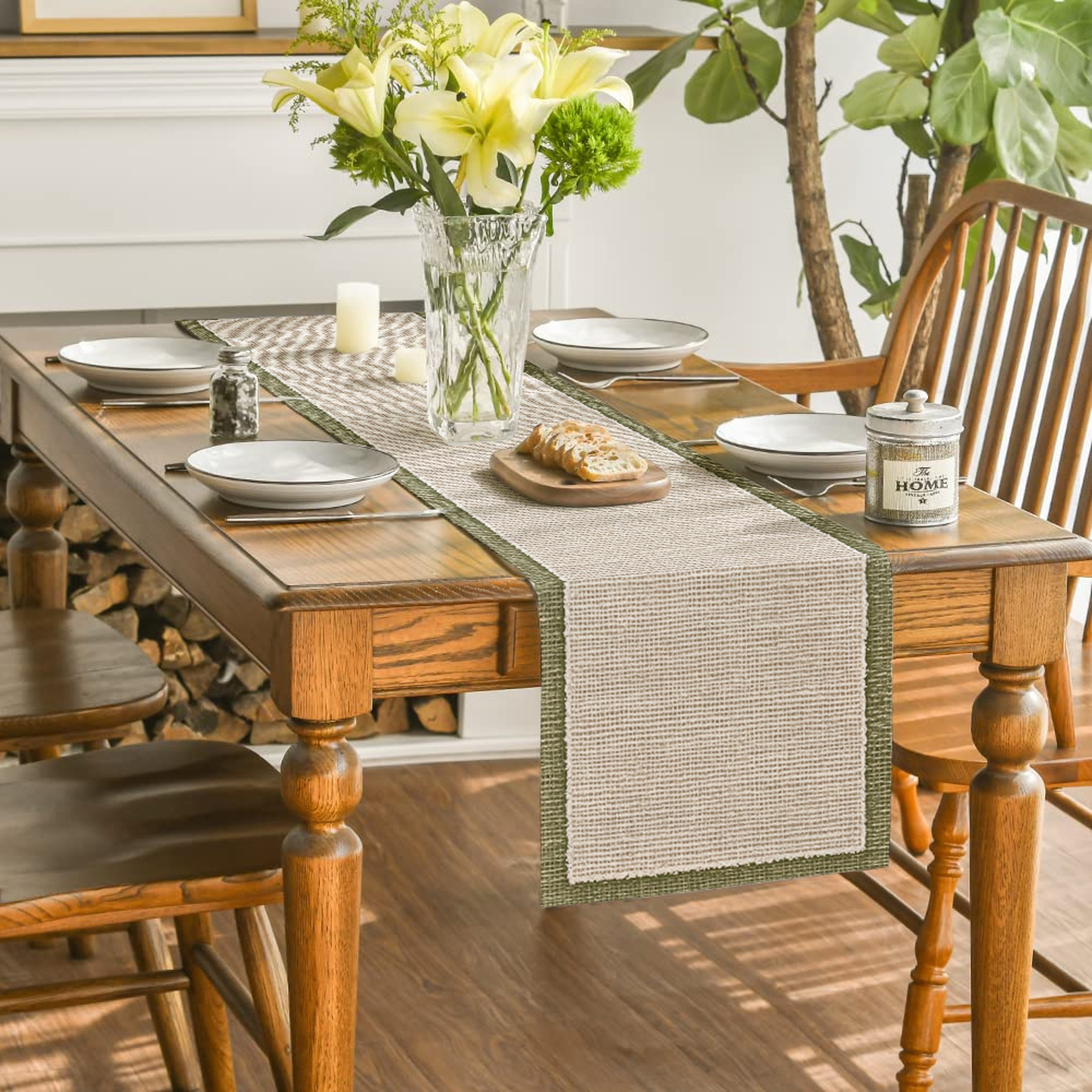 Beige Green Striped Table Runner For Elegant Dining And Coffee Table Decor 1