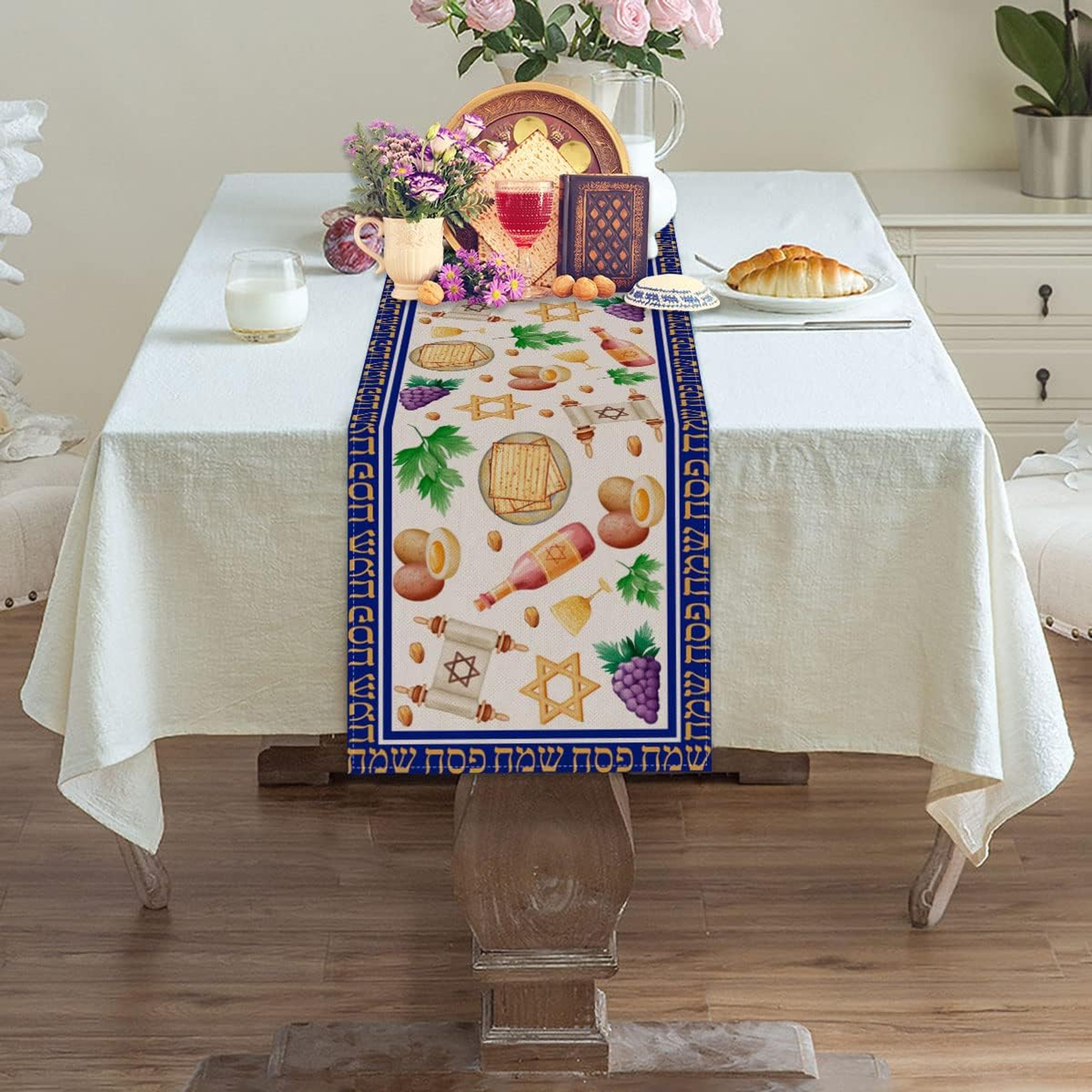 Passover Table Runner With Matzo And Red Wine Pesach Seder Decor 1