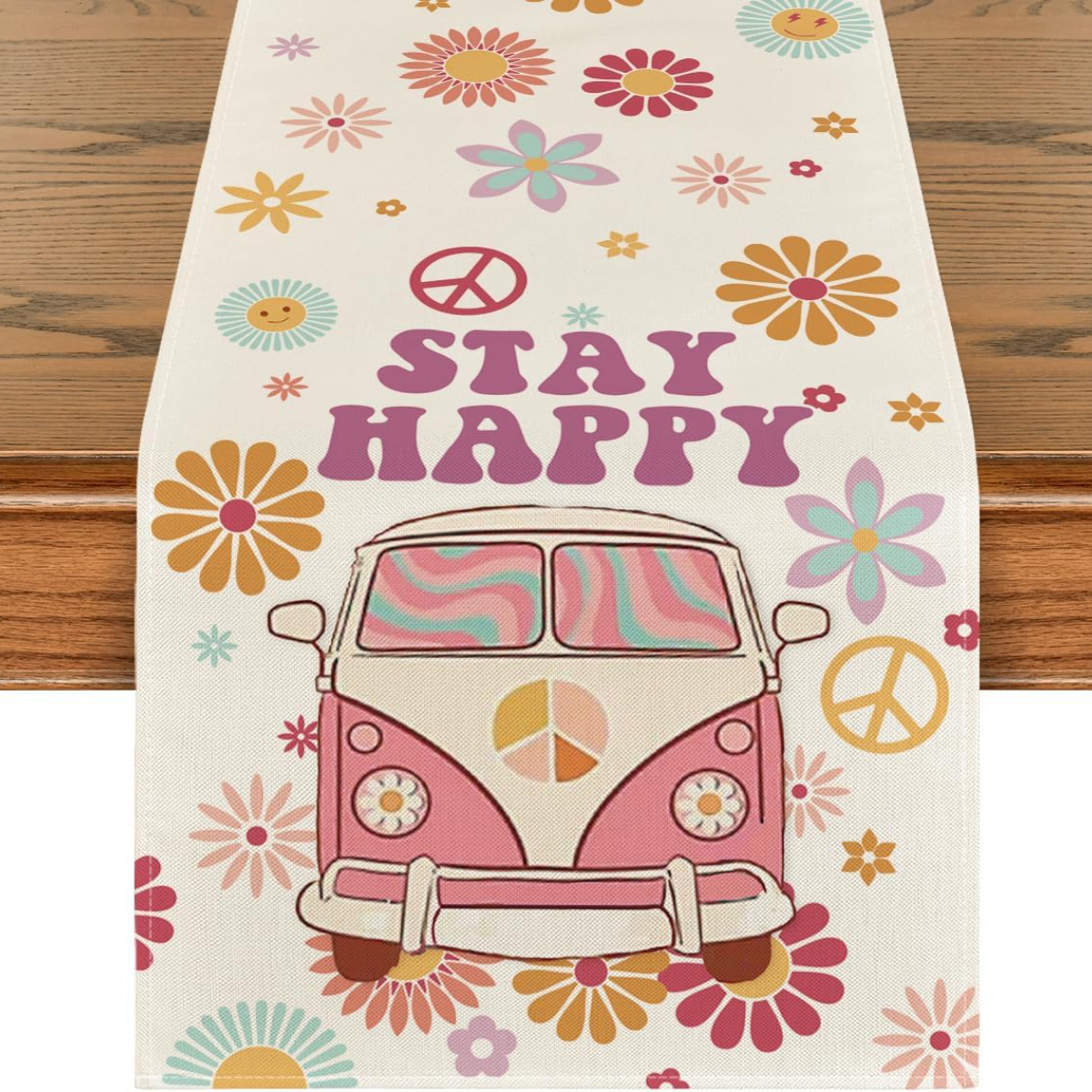 Groovy Daisy Hippie Table Runner For Retro Kitchen And Party Decor 0
