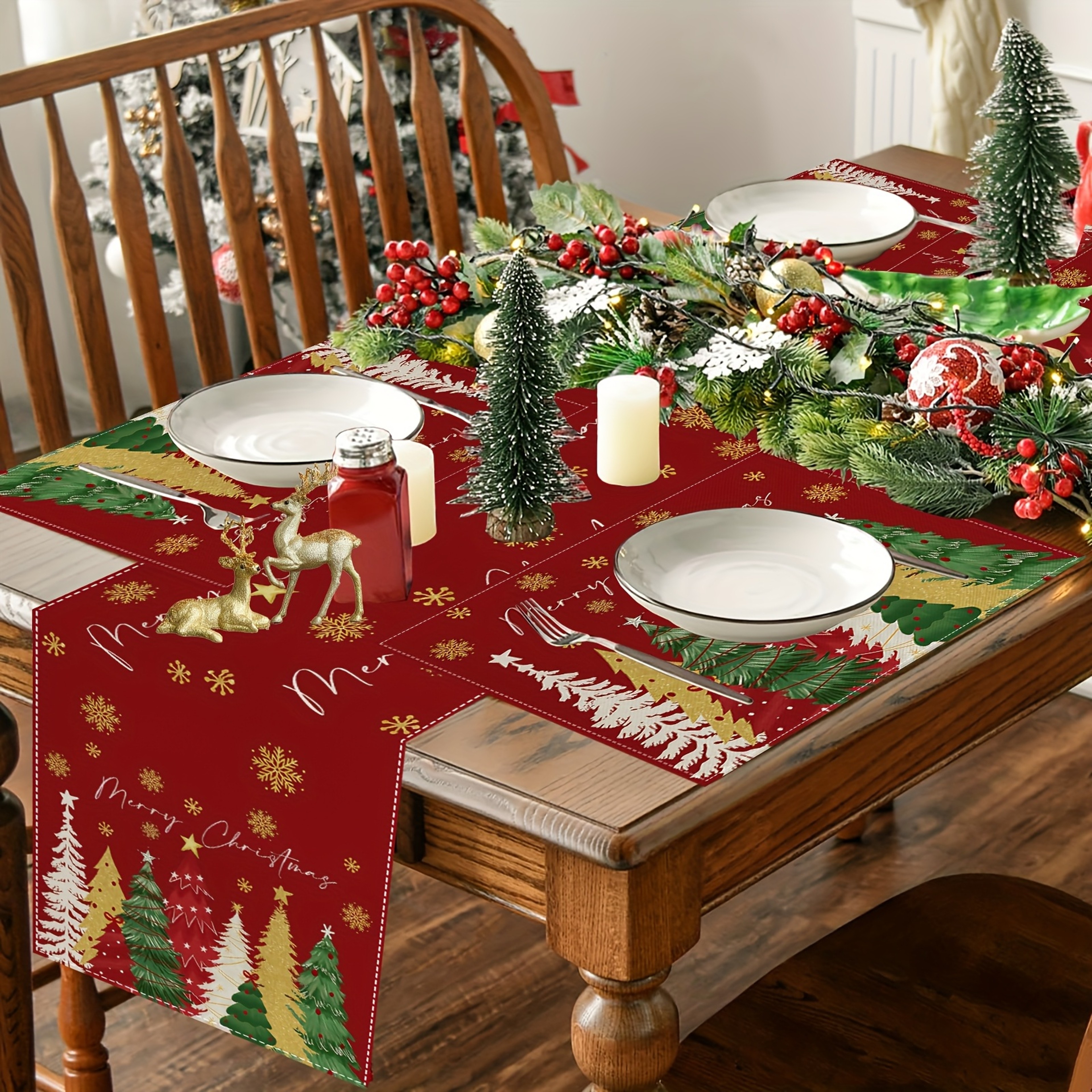 Christmas Table Runner With Snowflake And Tree Print For Holiday Dining Decor 0