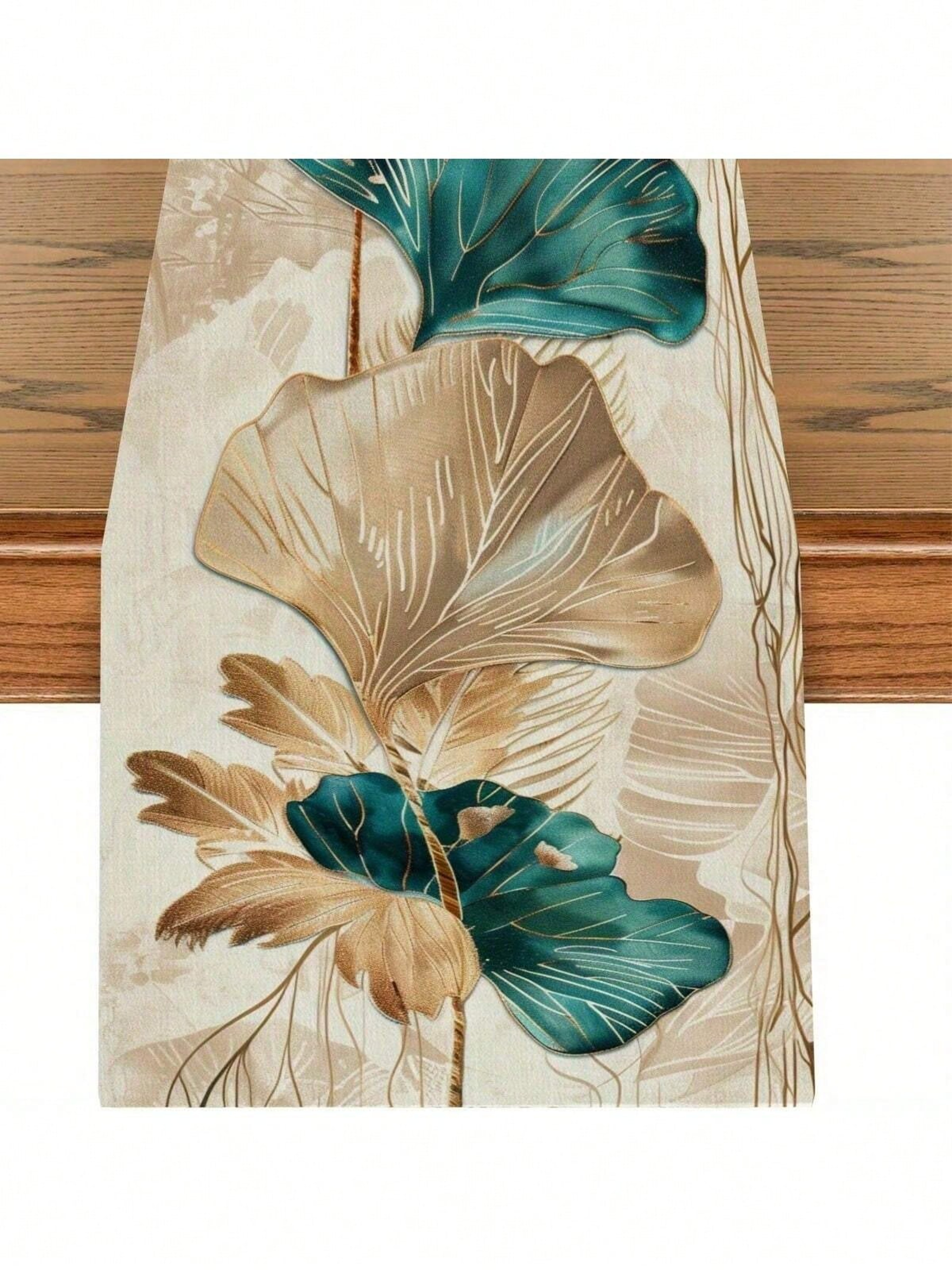 Ginkgo Leaf Teal Table Runner Linen Botanical Dining Table Decor 4