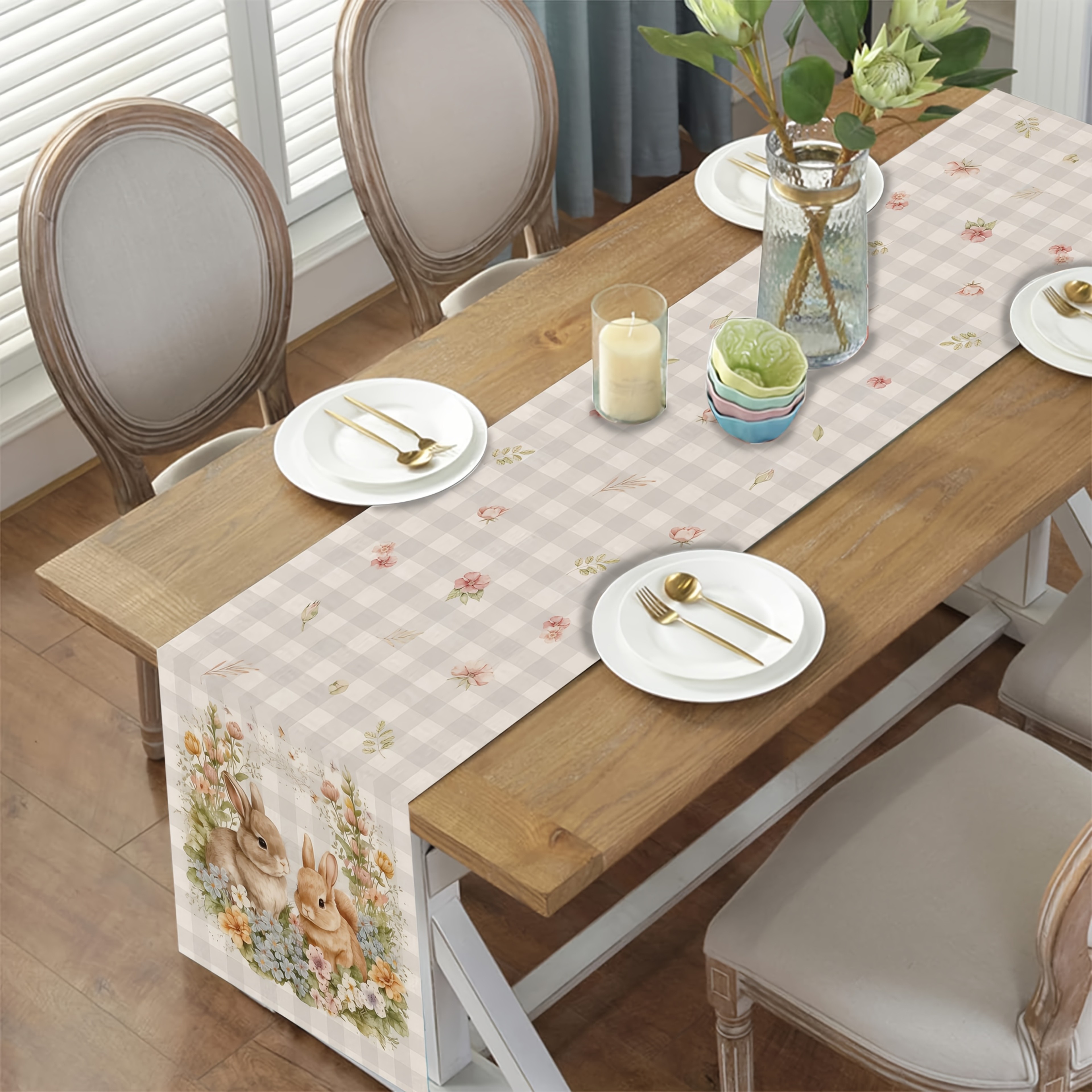 Easter Table Runner with Bunny Flowers and Buffalo Plaid Spring Decor – view 3