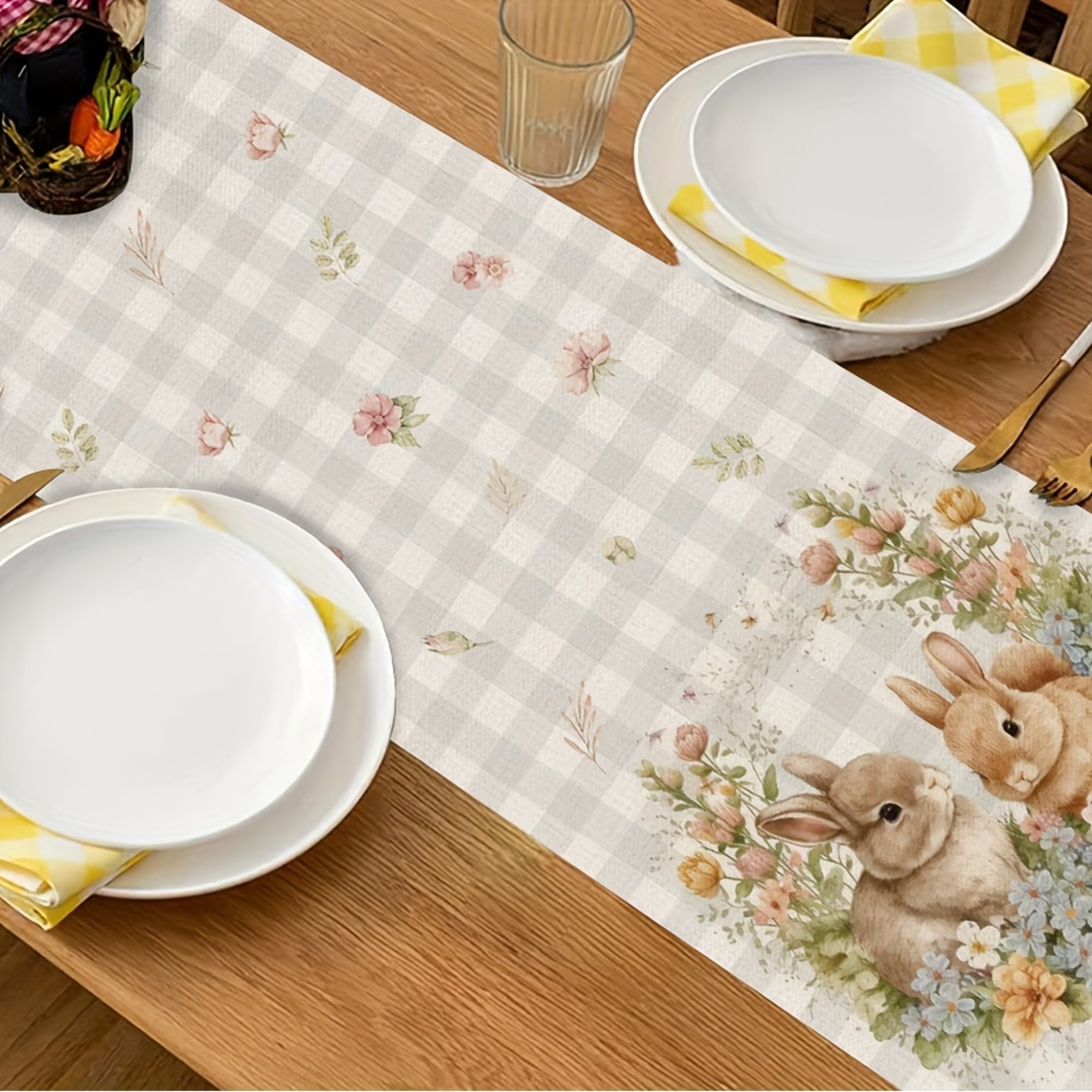 Easter Table Runner with Bunny Flowers and Buffalo Plaid Spring Decor – view 6