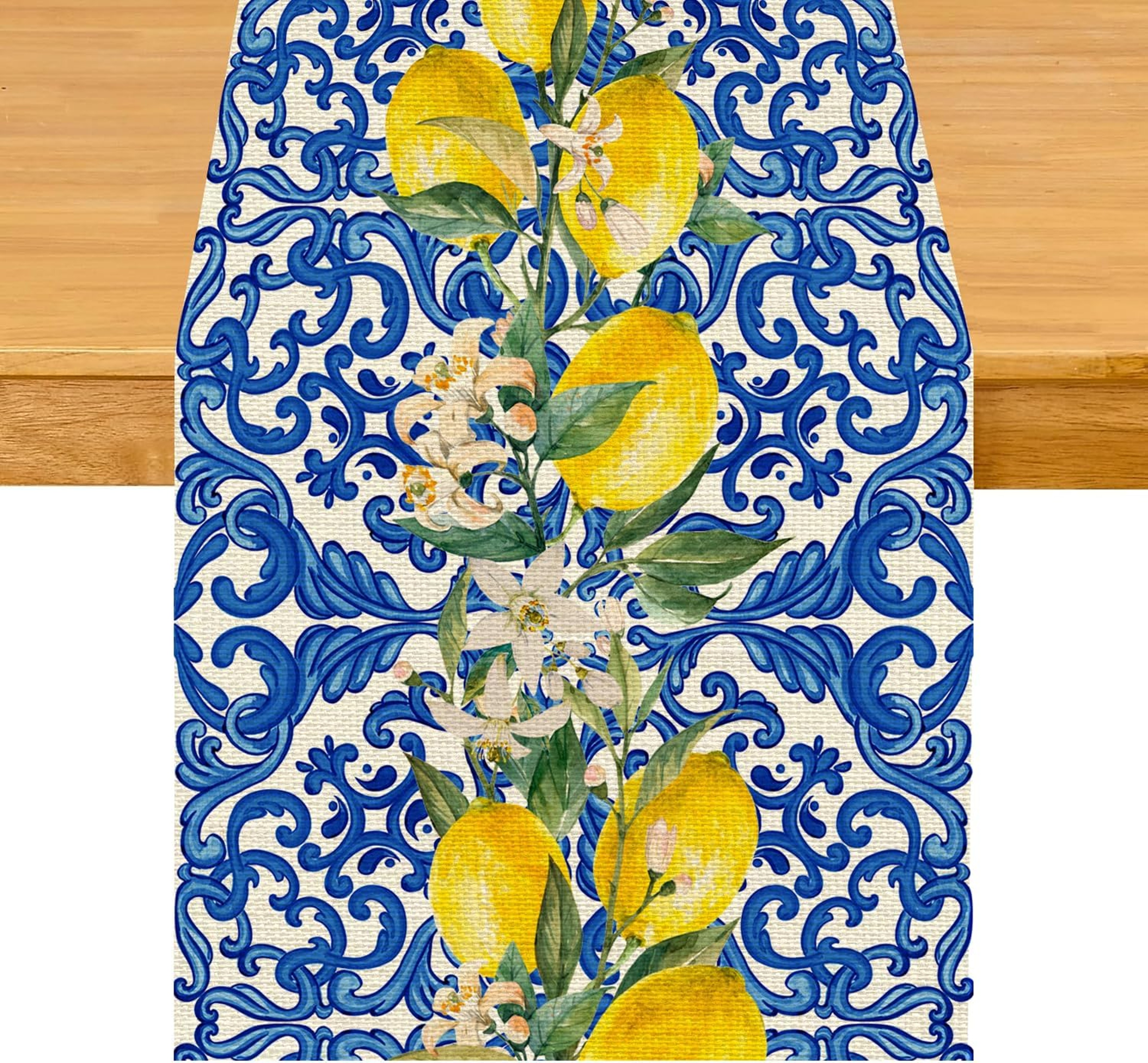 Lemon Blue Tile Linen Table Runner For Summer Dining And Kitchen Decor 0