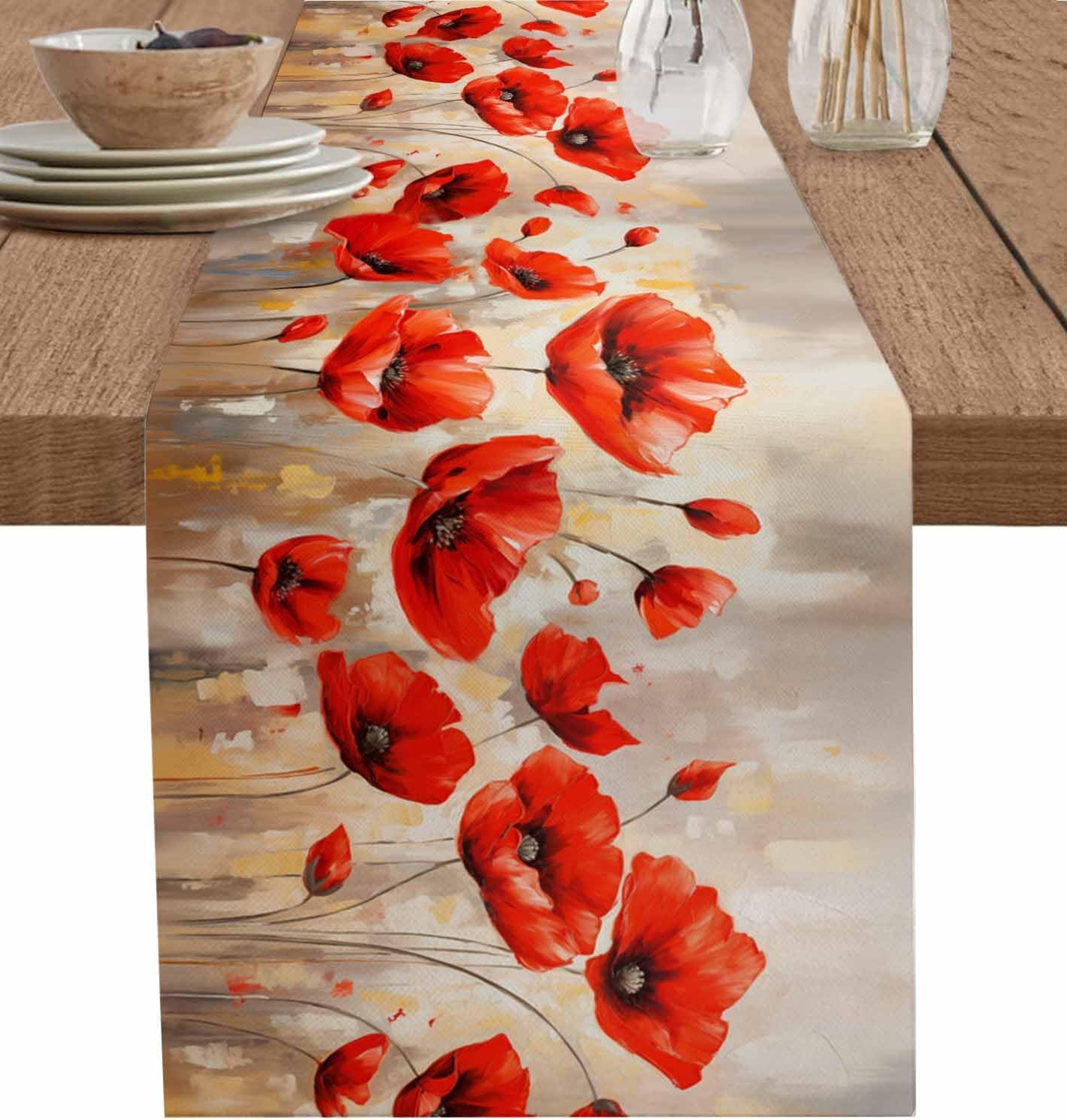 Red Poppy Linen Table Runner for Farmhouse Floral Table Decor – view 1