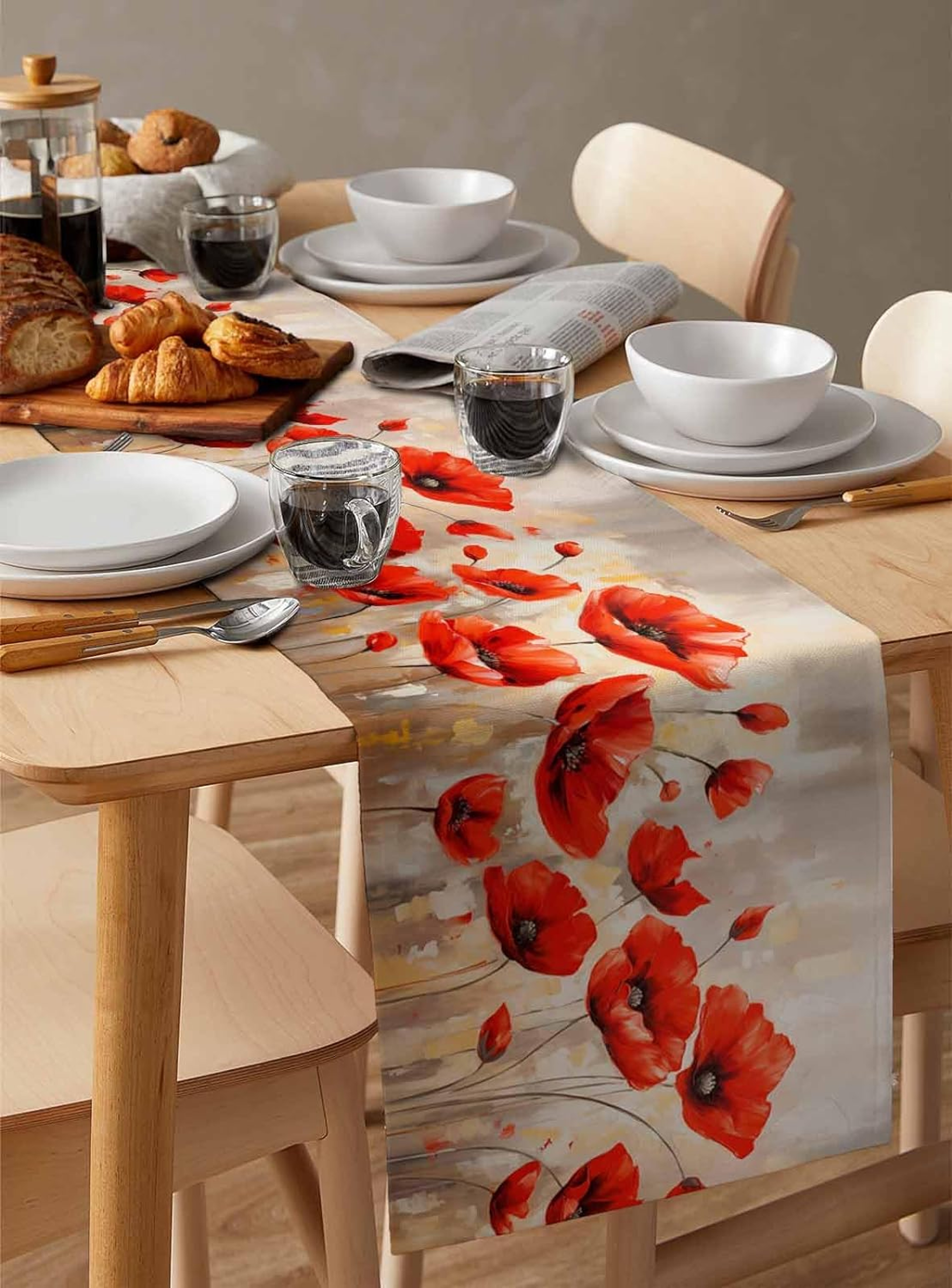Red Poppy Linen Table Runner for Farmhouse Floral Table Decor – view 3