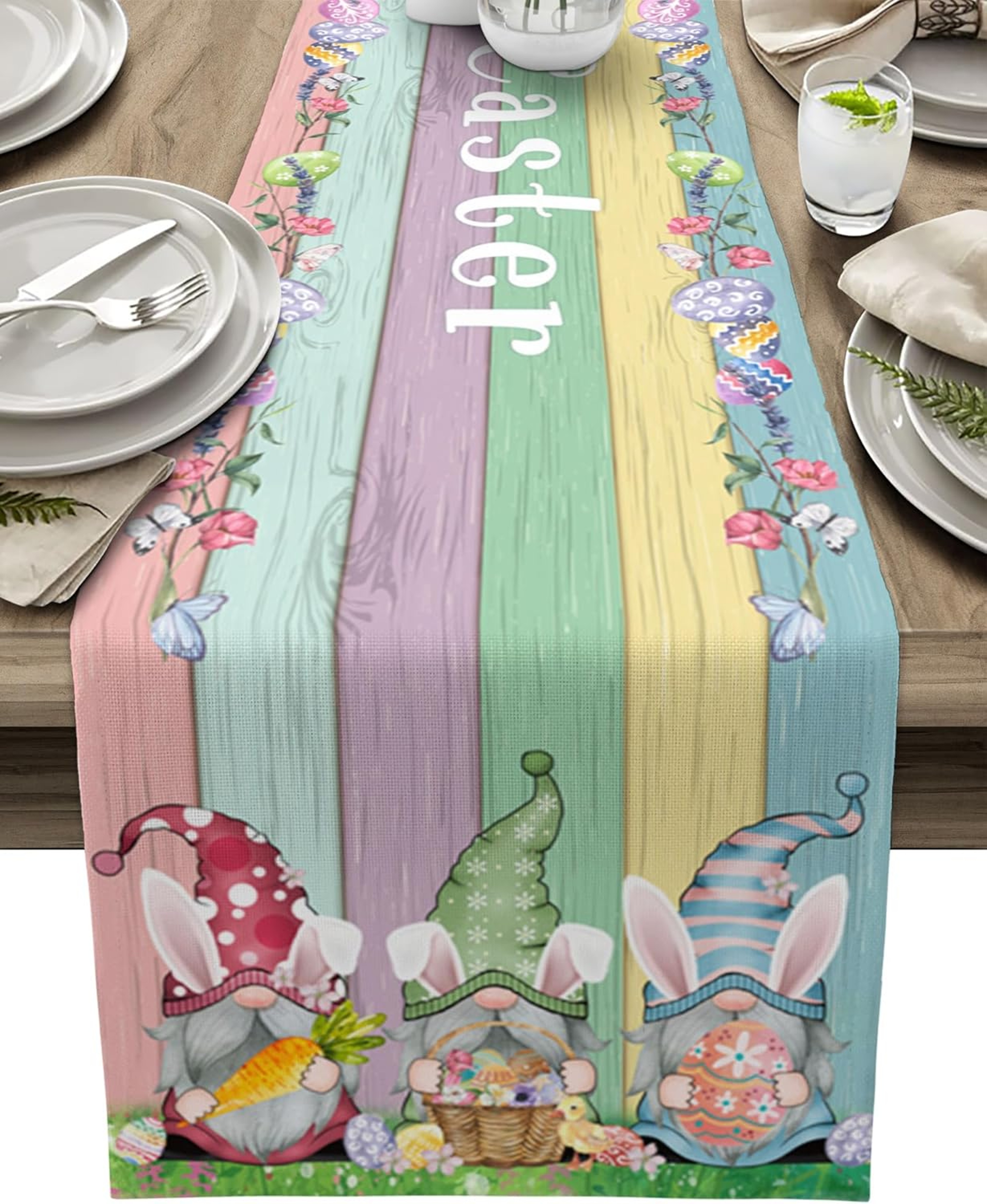 Farmhouse Easter Linen Table Runner With Gnomes Eggs  Rabbit Ears Spring Holiday Decor 0