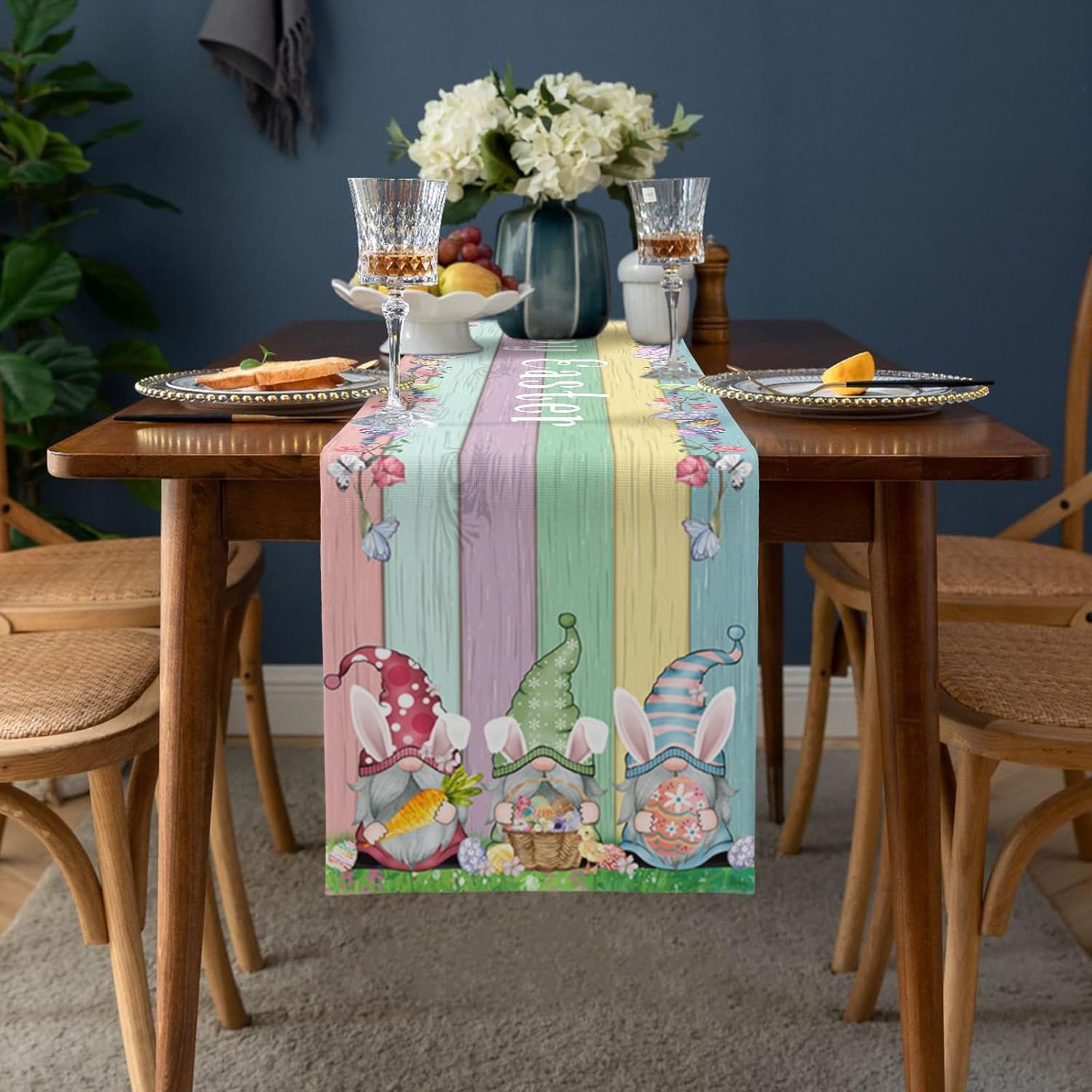 Farmhouse Easter Linen Table Runner With Gnomes Eggs  Rabbit Ears Spring Holiday Decor 1