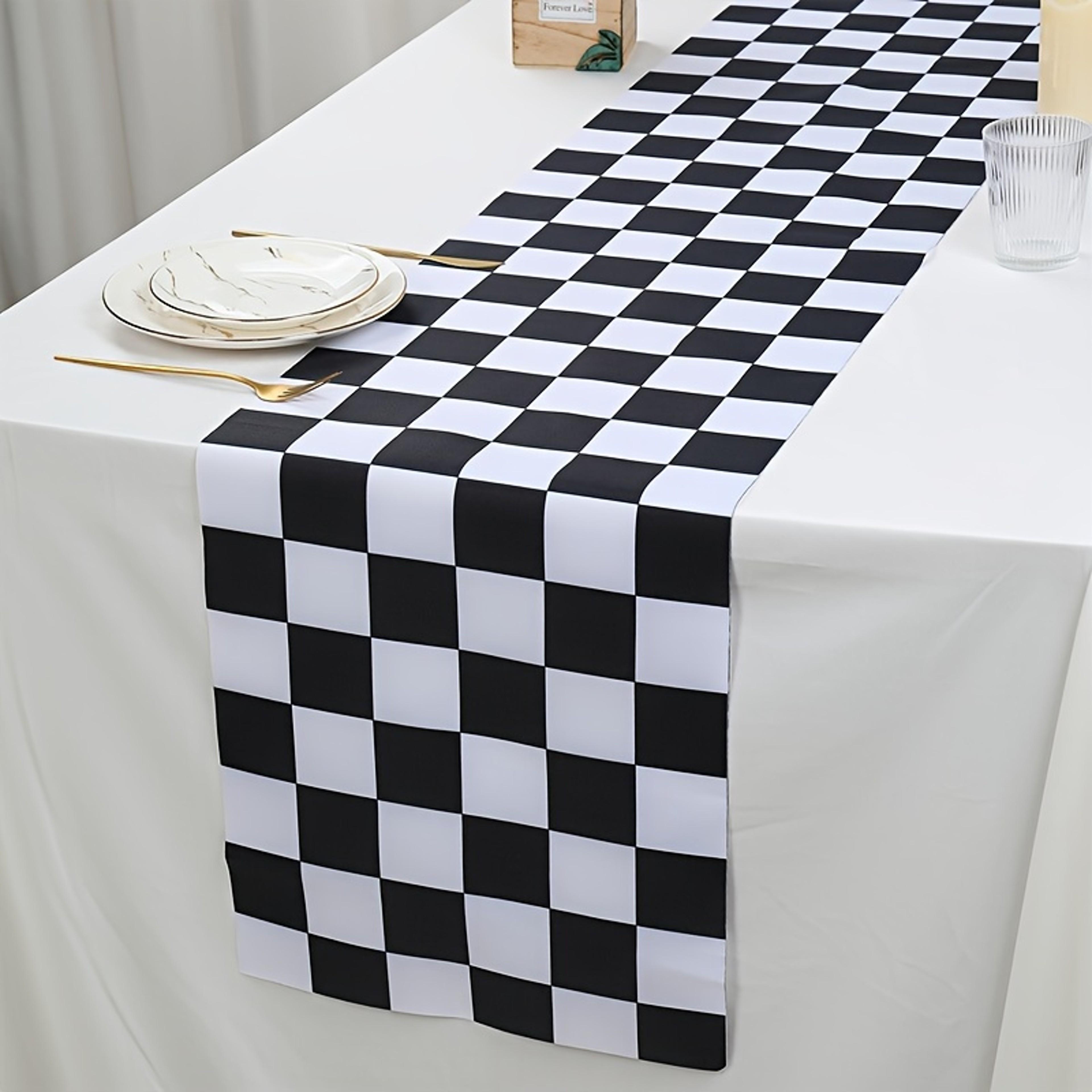 Black White Checkerboard Linen Table Runner for Dining Tables and Dresser Decor – view 5