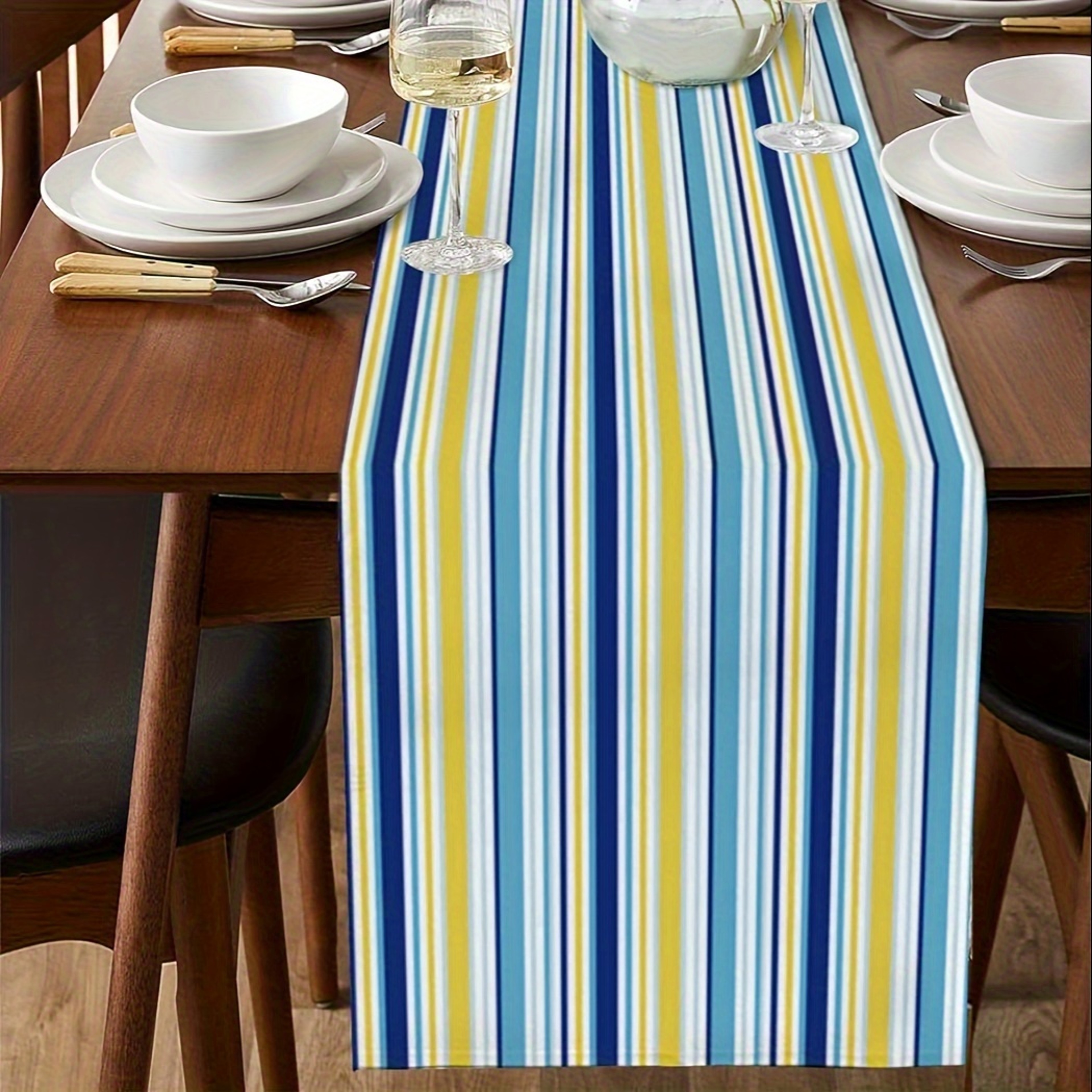 Vintage Blue  Yellow Linen Table Runner Farmhouse Striped Design For Dining  Kitchen 2