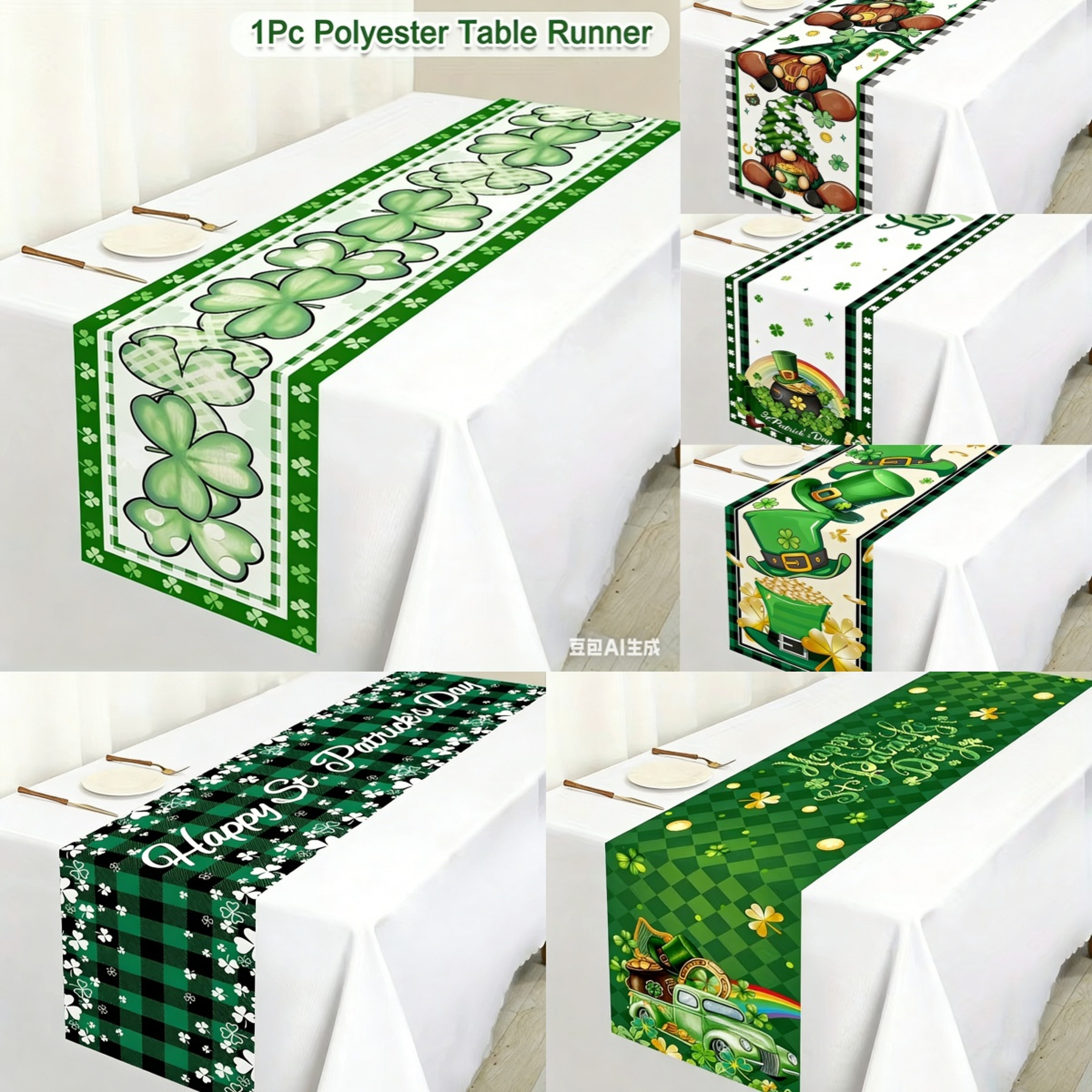 Premium Green Clover St Patricks Day Table Runner Shamrock Table Decor for Holiday & Spring Dining – view 1