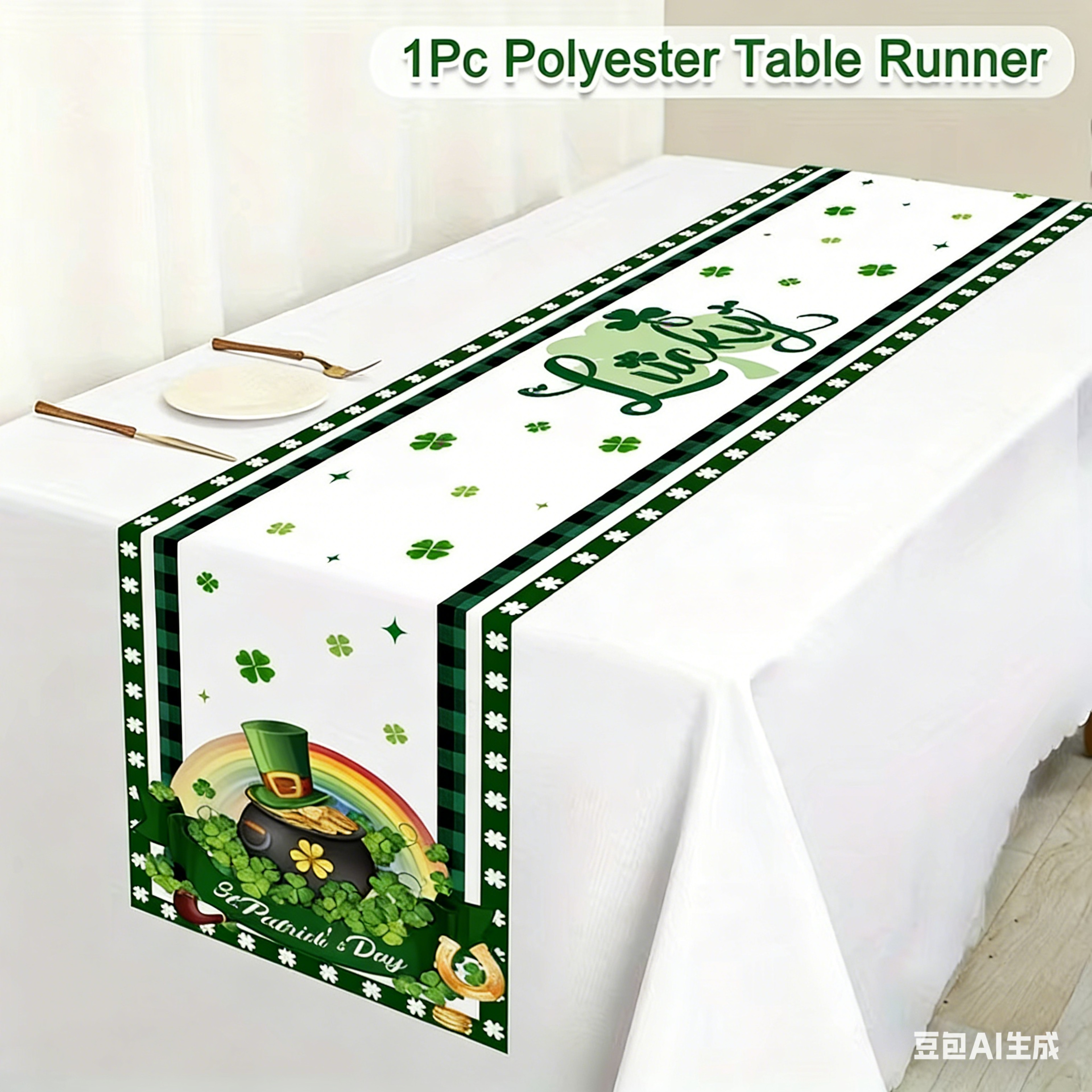 Premium Green Clover St Patricks Day Table Runner Shamrock Table Decor for Holiday & Spring Dining – view 8