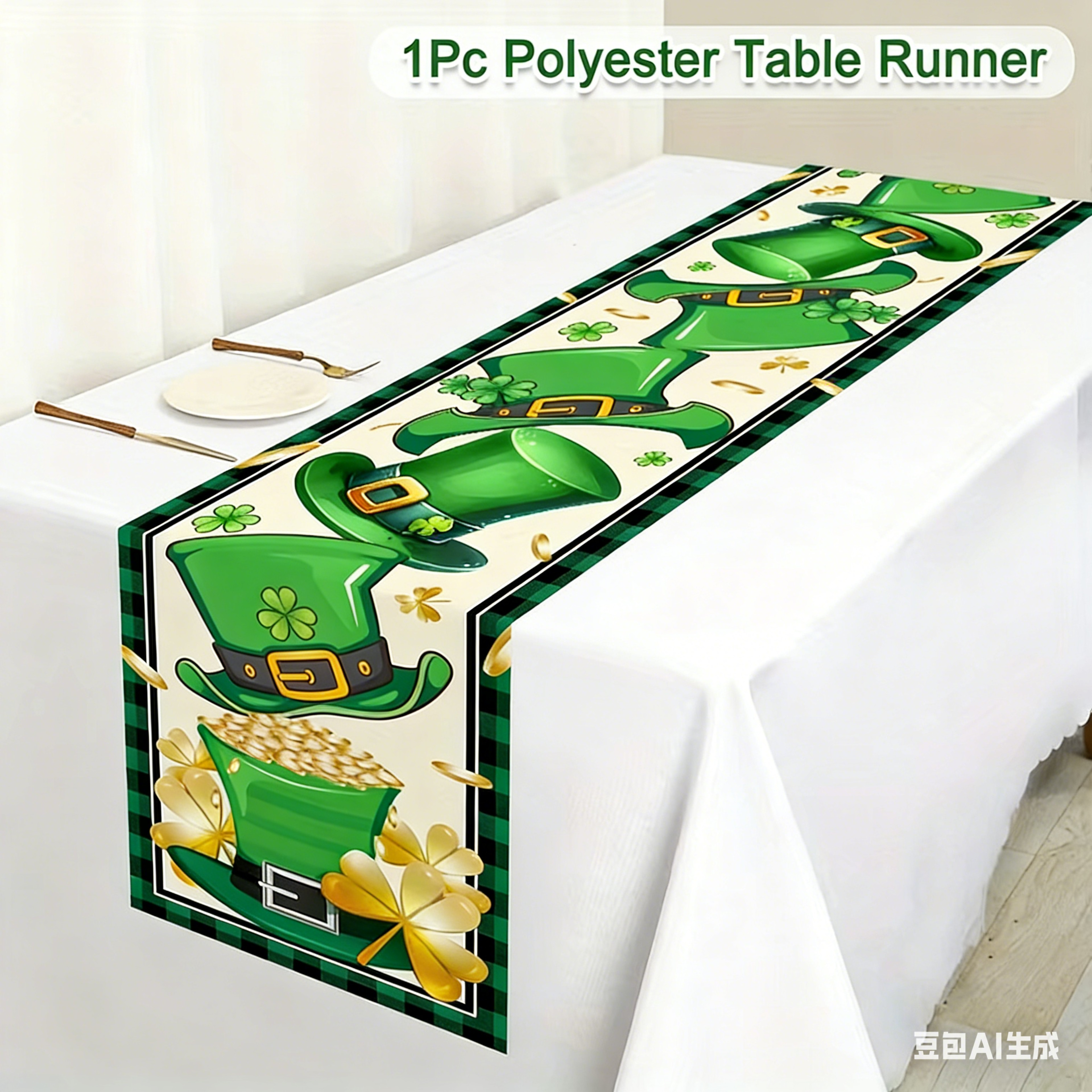 Premium Green Clover St Patricks Day Table Runner Shamrock Table Decor for Holiday & Spring Dining – view 12