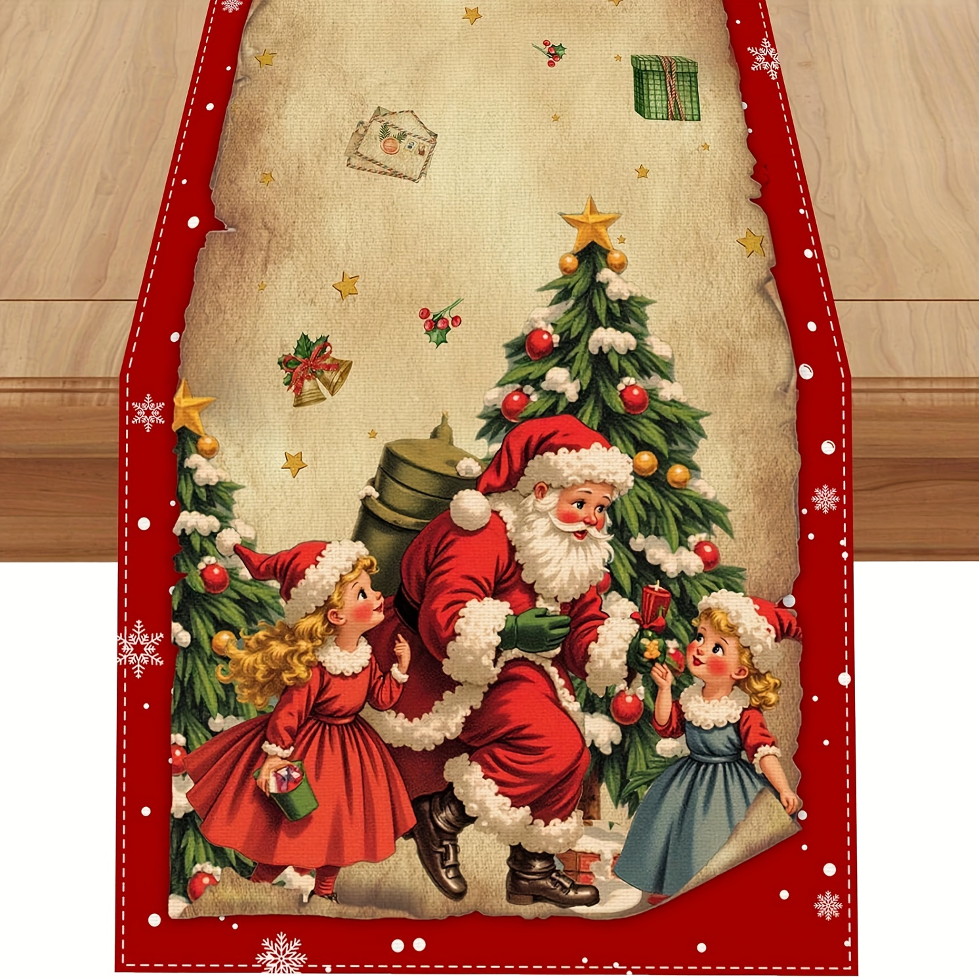 Vintage Christmas Table Runner with Santa Classic Red & Green Holiday Dining Decor – view 1