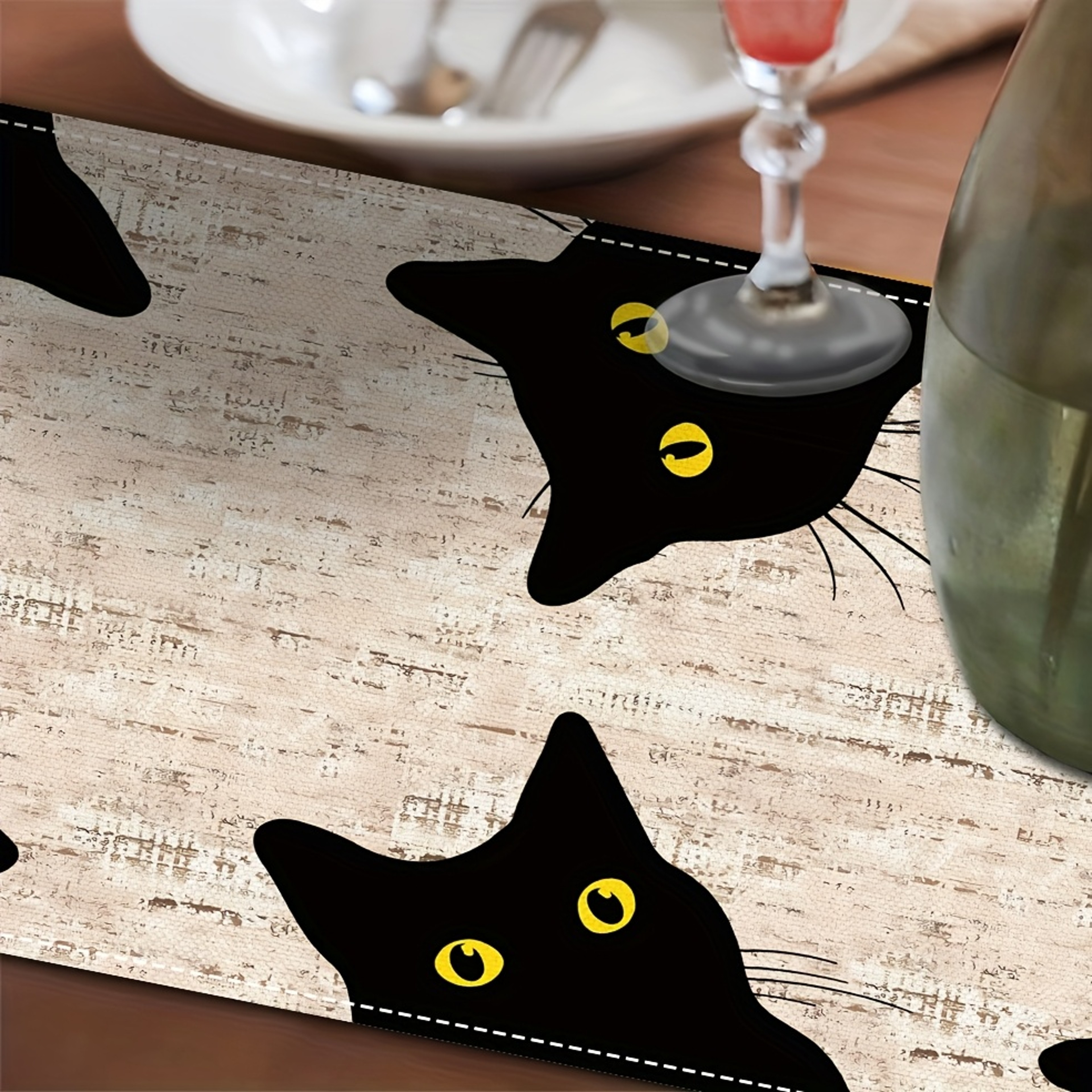 Whimsical Black Cat Linen Table Runner For Holiday  Everyday Dining Decor 3